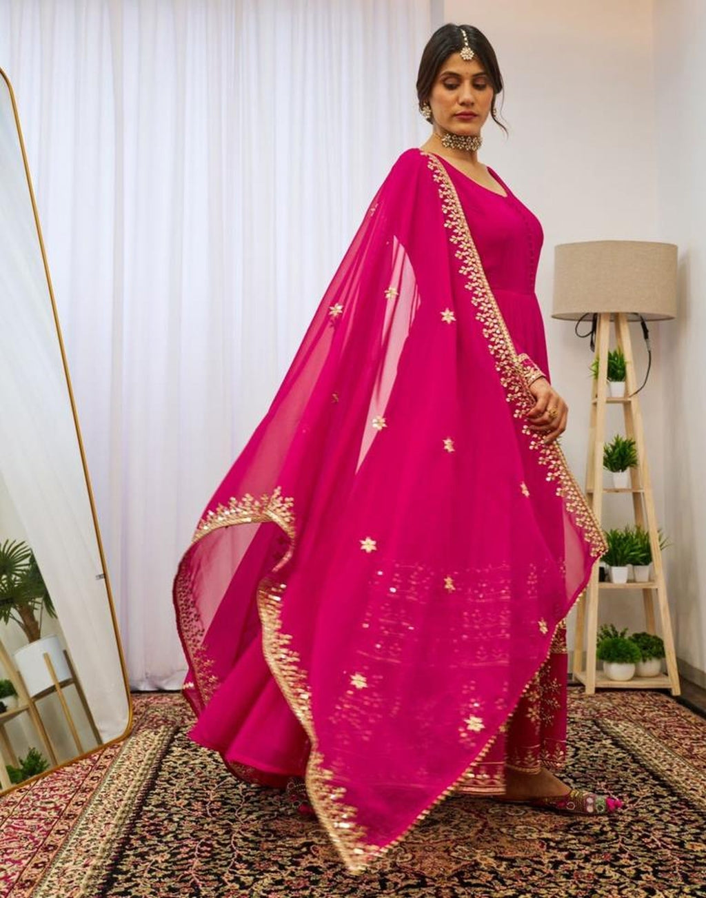 Graceful Pink Georgette Sequins Embroidered Gown With Dupatta - ETHNICDEAL