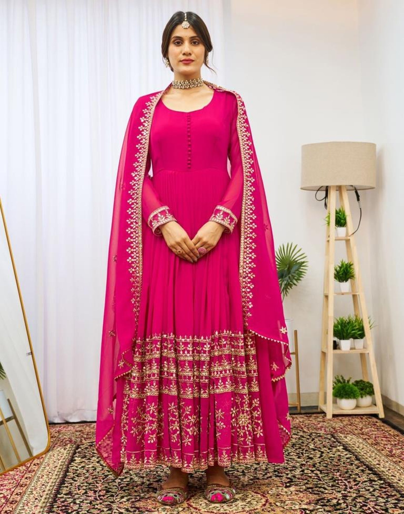Graceful Pink Georgette Sequins Embroidered Gown With Dupatta - ETHNICDEAL