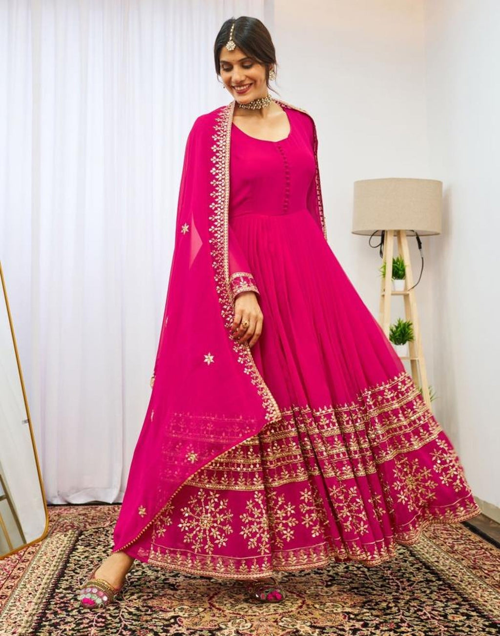 Graceful Pink Georgette Sequins Embroidered Gown With Dupatta - ETHNICDEAL