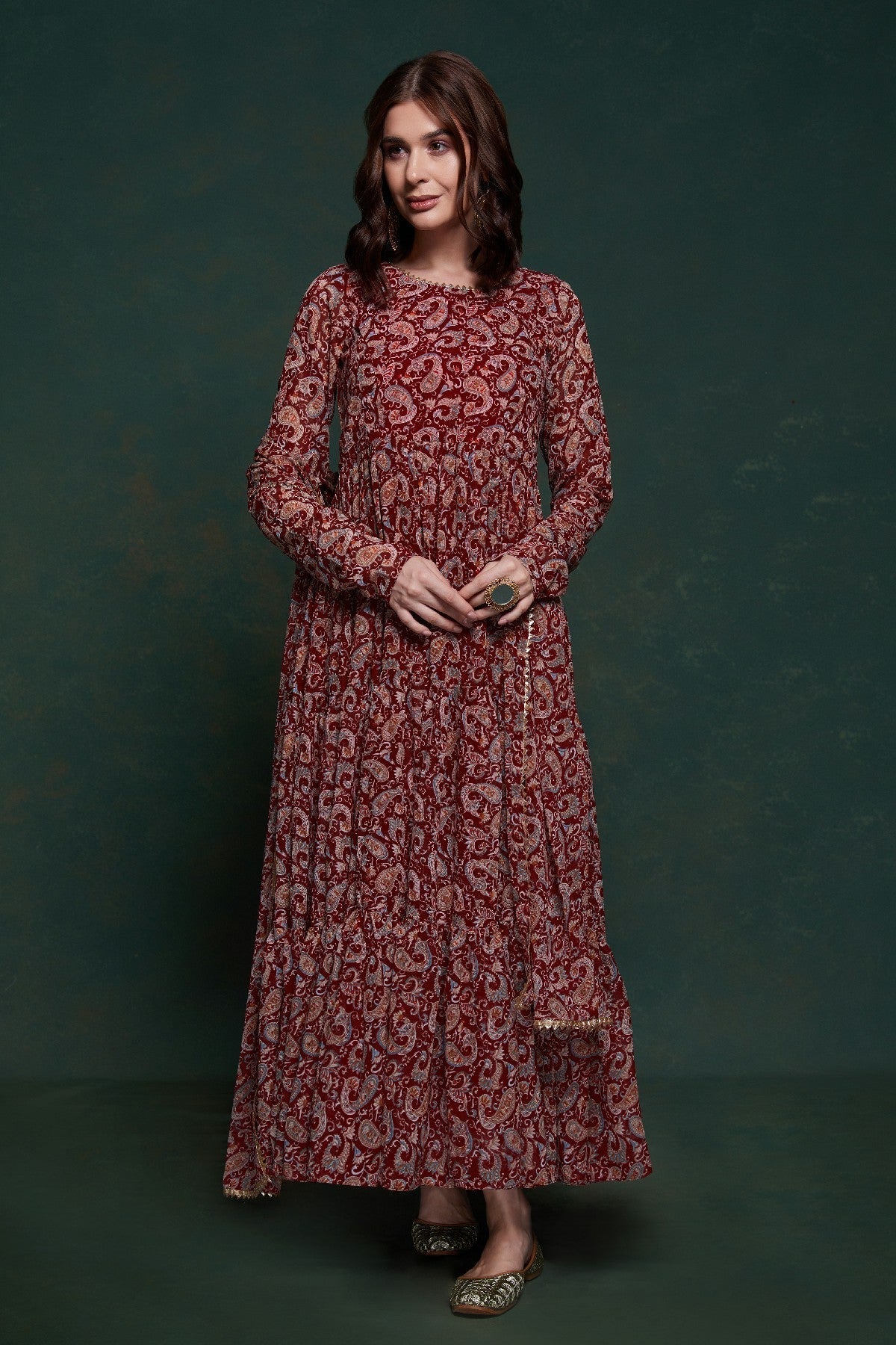 Maroon Kalamkari Printed Georgette Gown With Dupatta - ETHNICDEAL