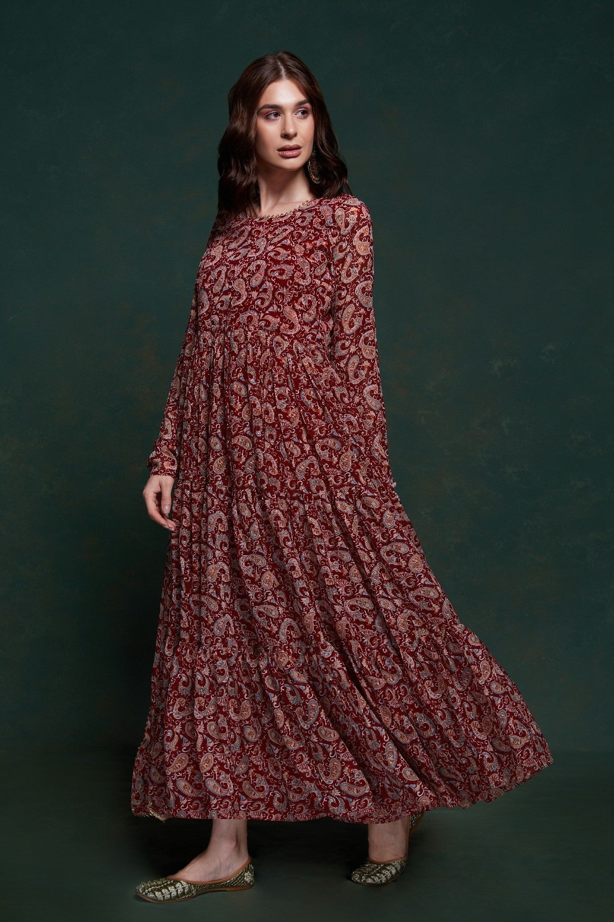 Maroon Kalamkari Printed Georgette Gown With Dupatta - ETHNICDEAL
