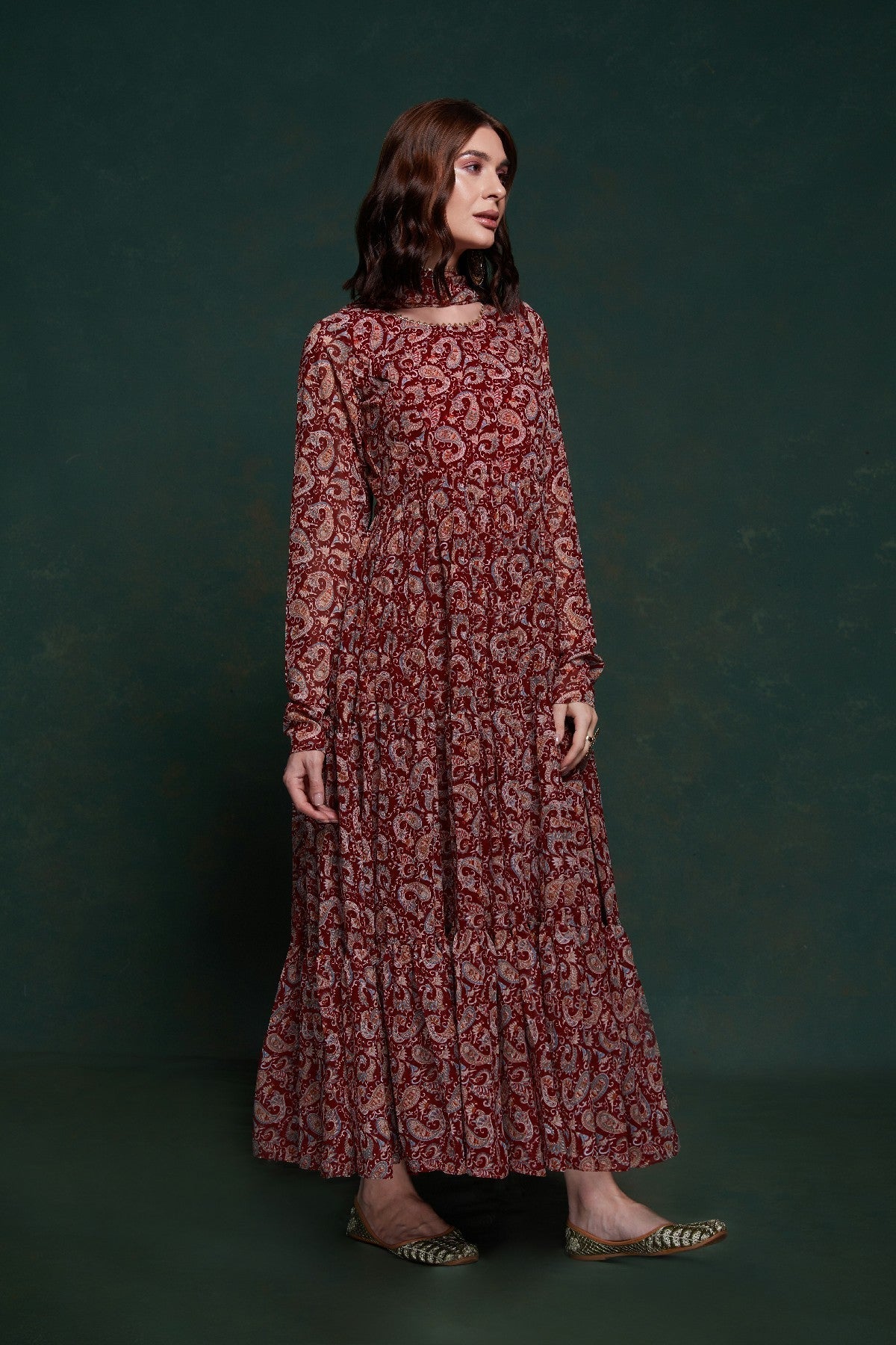 Maroon Kalamkari Printed Georgette Gown With Dupatta - ETHNICDEAL