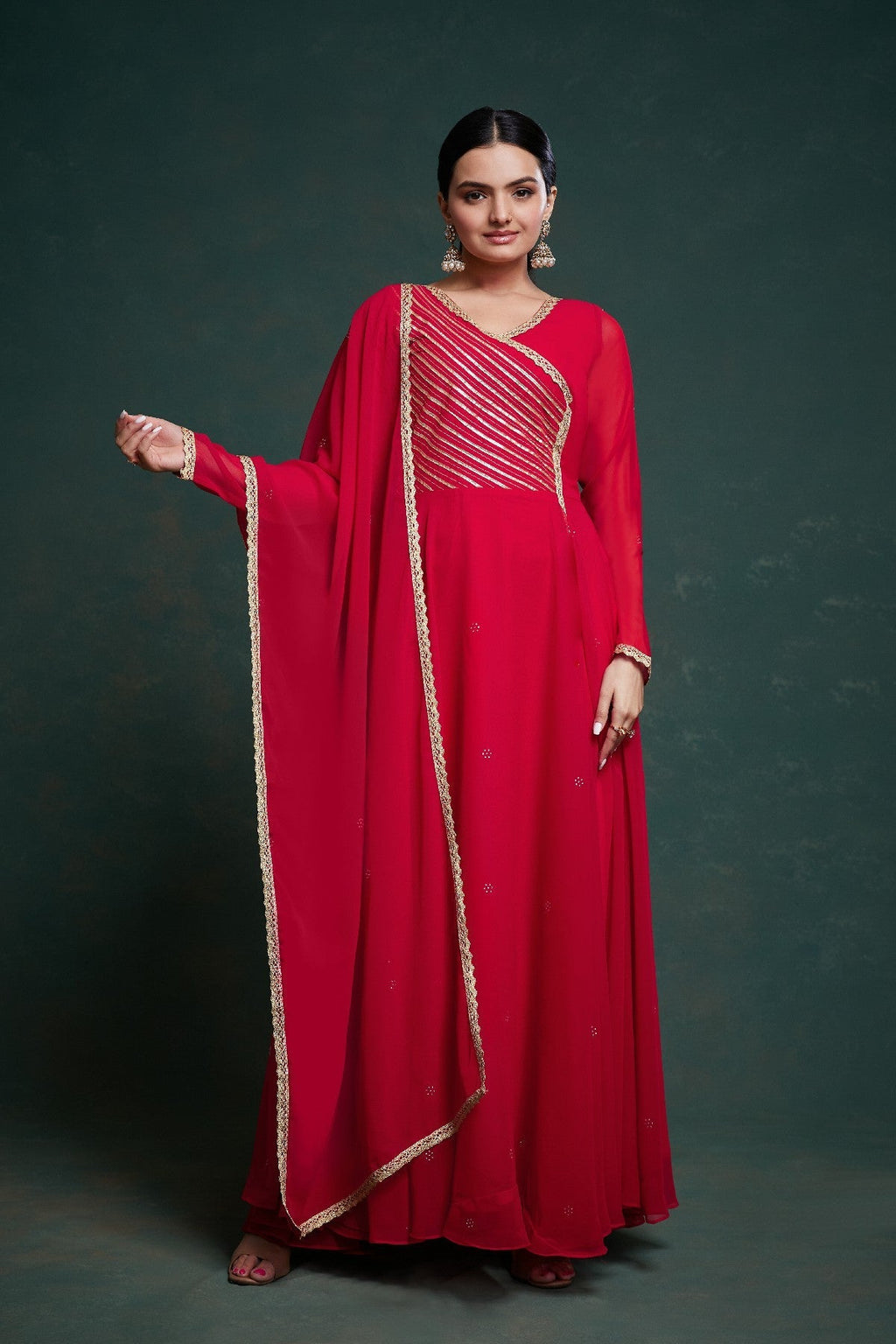 Red Elegant Gota Patti Worked Georgette Gown With Dupatta - ETHNICDEAL