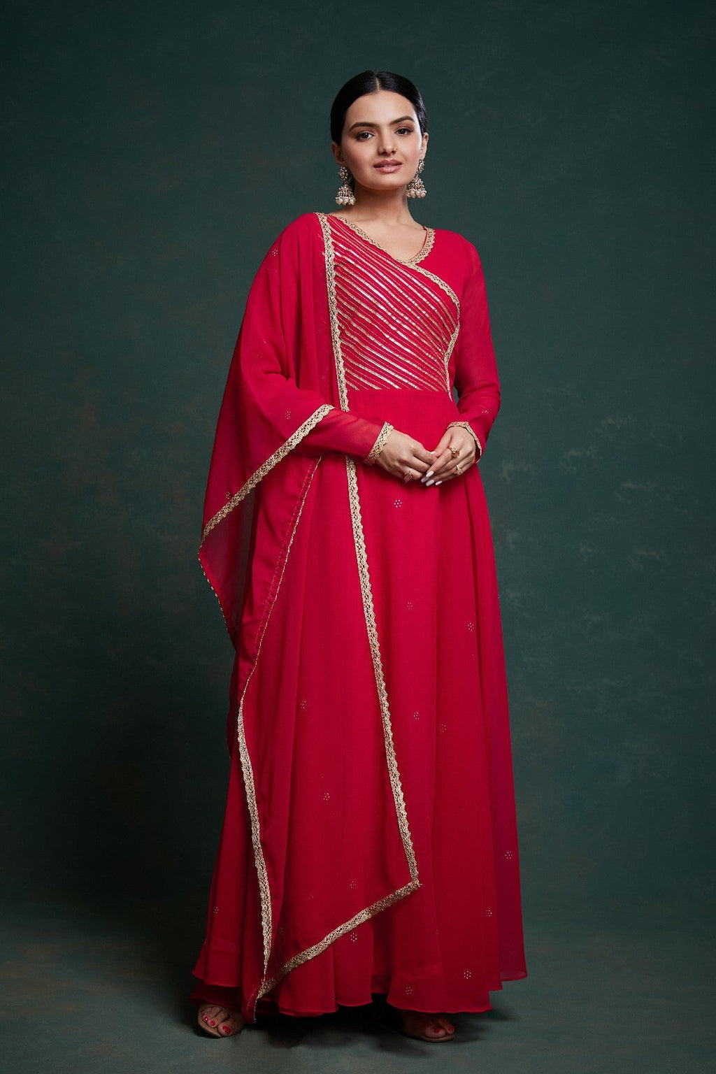 Red Elegant Gota Patti Worked Georgette Gown With Dupatta - ETHNICDEAL