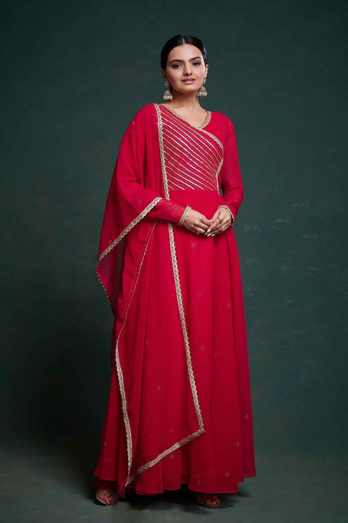 Red Elegant Gota Patti Worked Georgette Gown With Dupatta - ETHNICDEAL