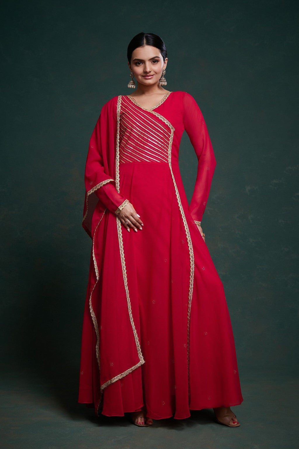 Red Elegant Gota Patti Worked Georgette Gown With Dupatta - ETHNICDEAL