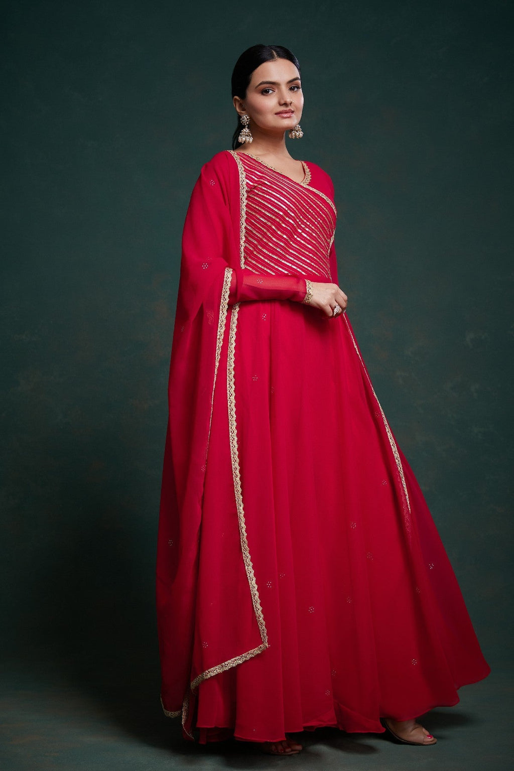 Red Elegant Gota Patti Worked Georgette Gown With Dupatta - ETHNICDEAL