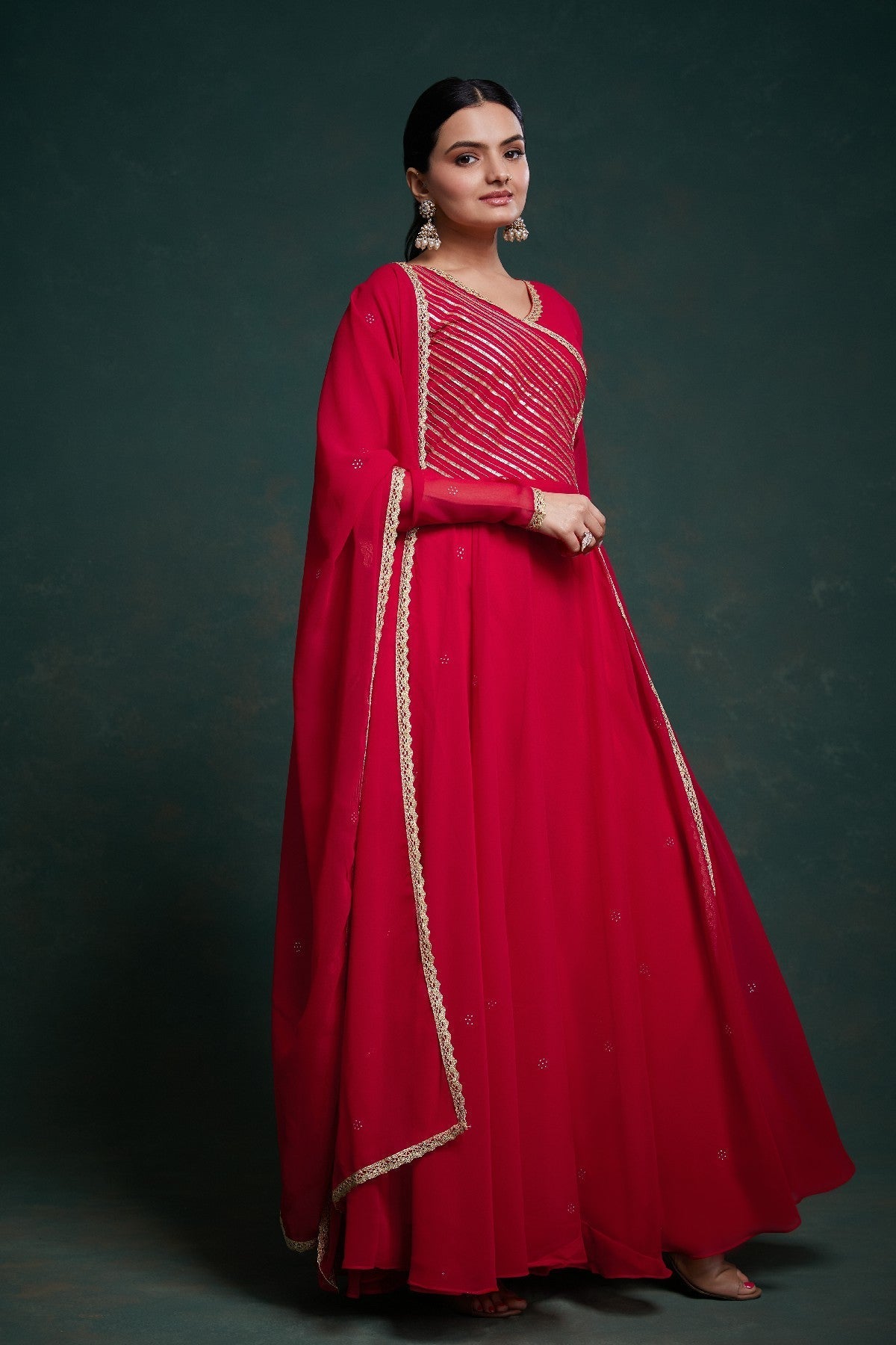 Red Elegant Gota Patti Worked Georgette Gown With Dupatta - ETHNICDEAL