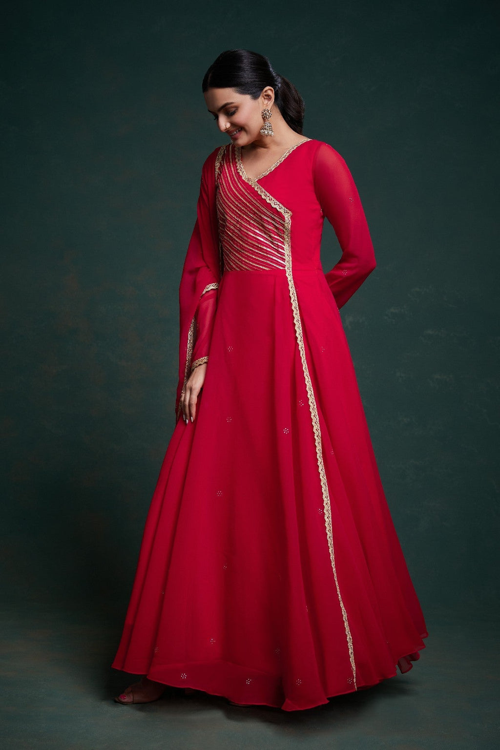 Red Elegant Gota Patti Worked Georgette Gown With Dupatta - ETHNICDEAL