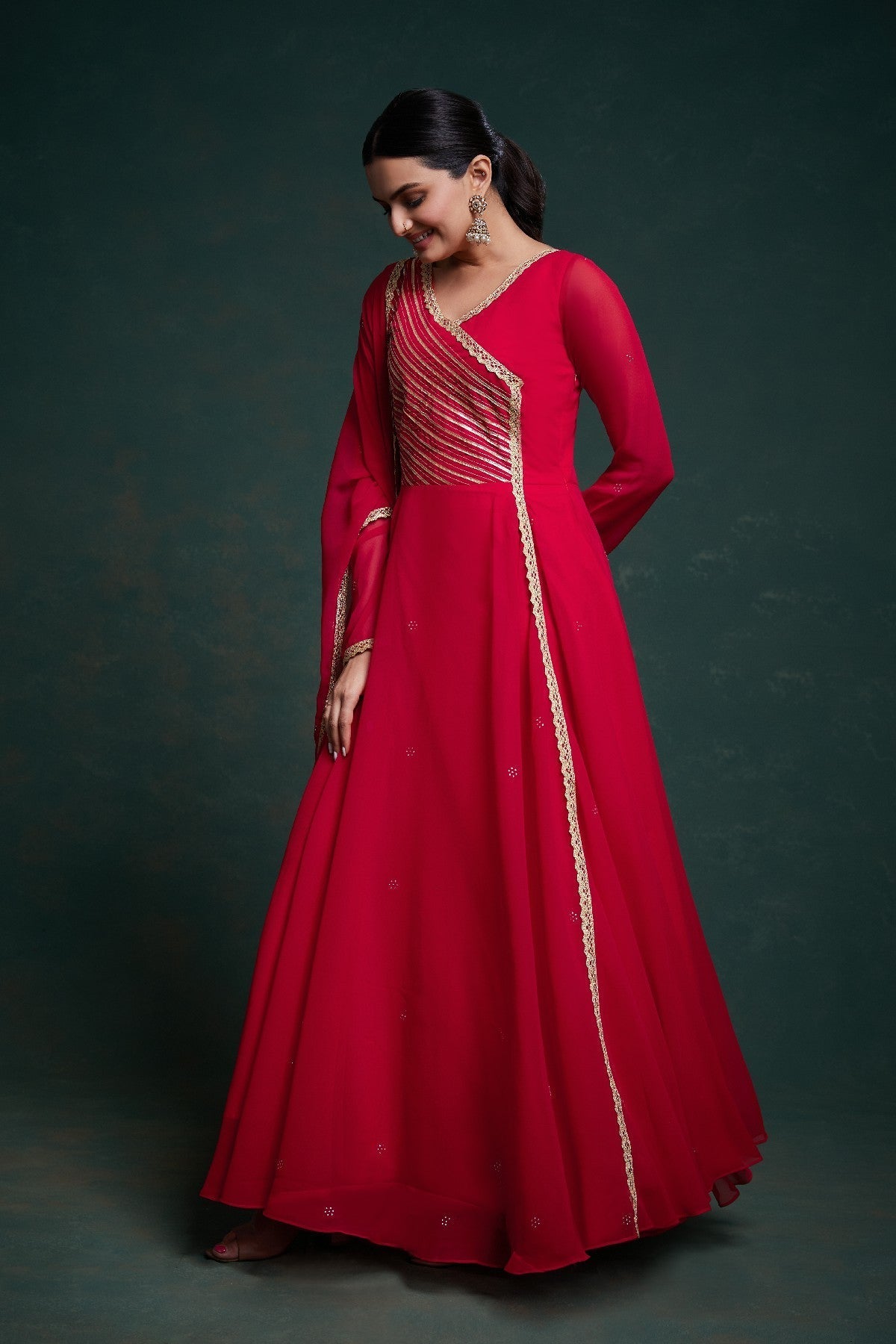 Red Elegant Gota Patti Worked Georgette Gown With Dupatta - ETHNICDEAL