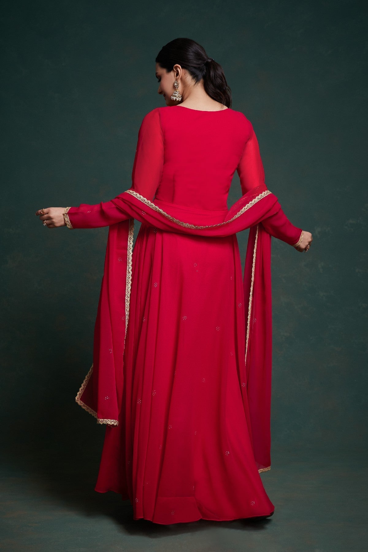 Red Elegant Gota Patti Worked Georgette Gown With Dupatta - ETHNICDEAL