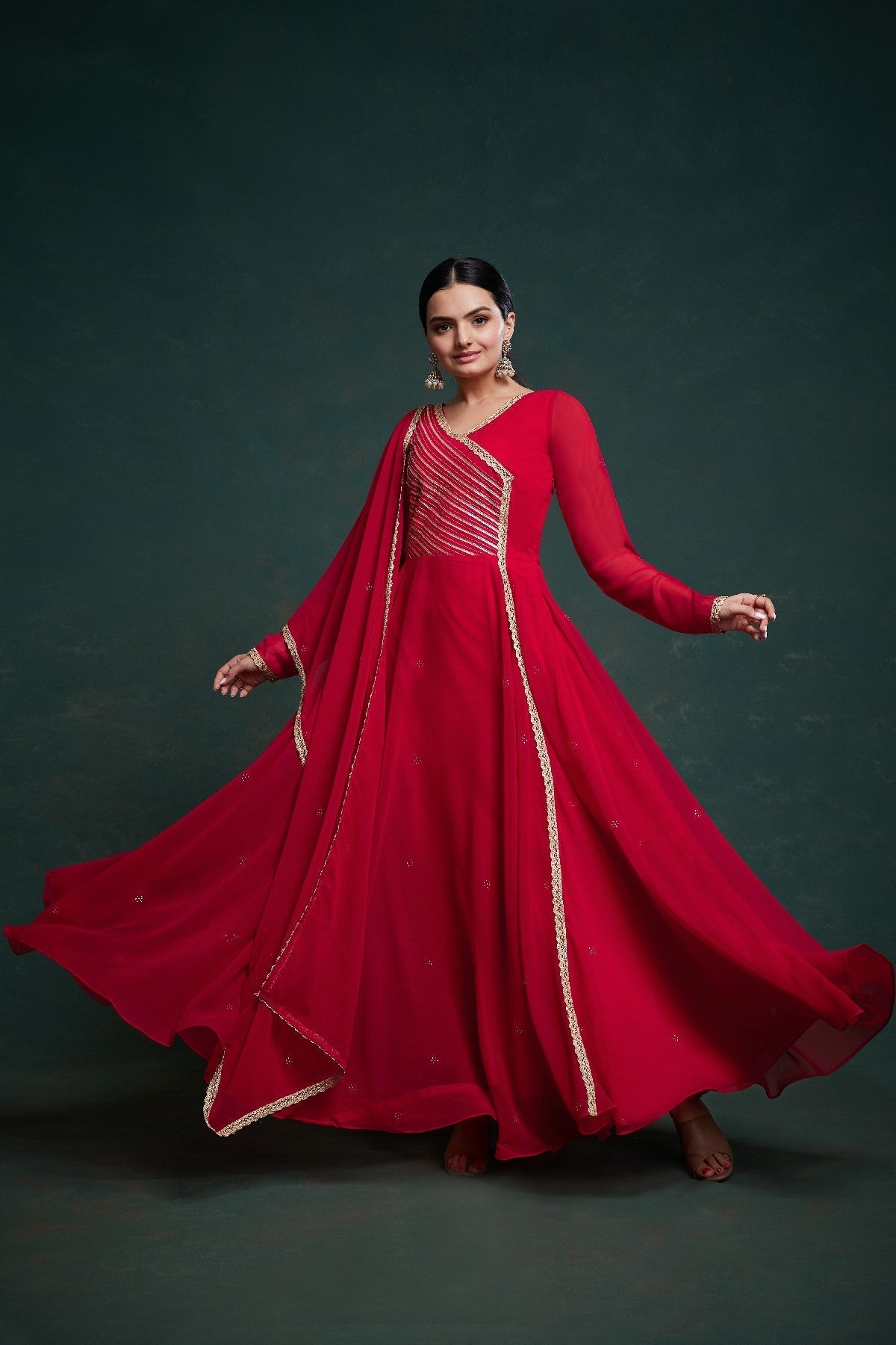 Red Elegant Gota Patti Worked Georgette Gown With Dupatta - ETHNICDEAL