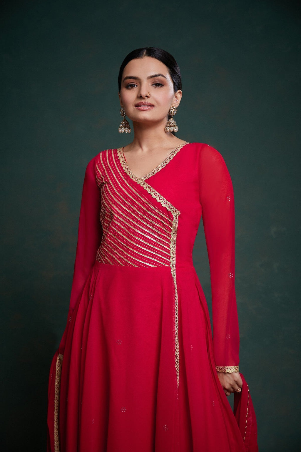 Red Elegant Gota Patti Worked Georgette Gown With Dupatta - ETHNICDEAL