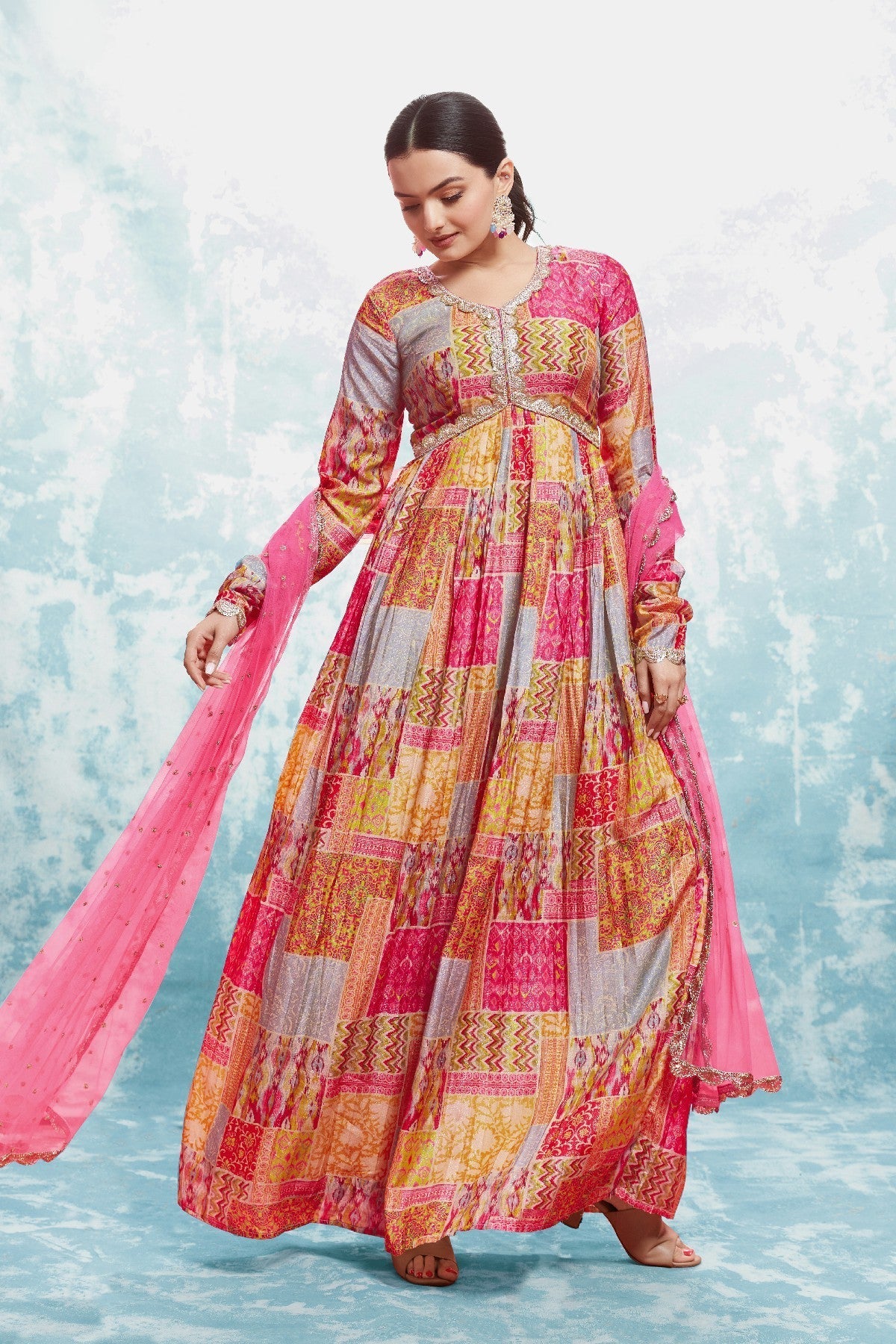 Stylish Digital Printed Cotton Gown With Net Dupatta - ETHNICDEAL