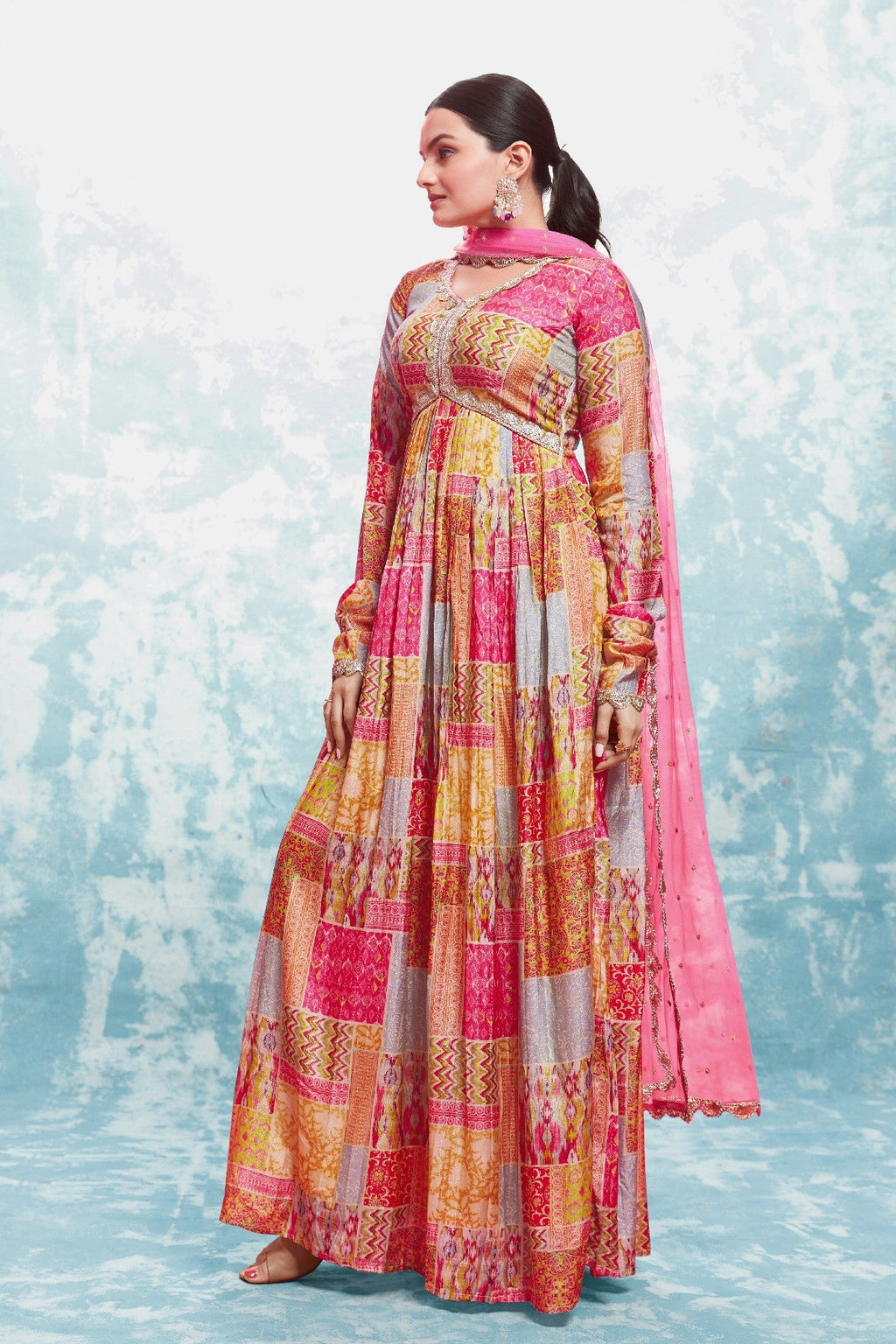 Stylish Digital Printed Cotton Gown With Net Dupatta - ETHNICDEAL