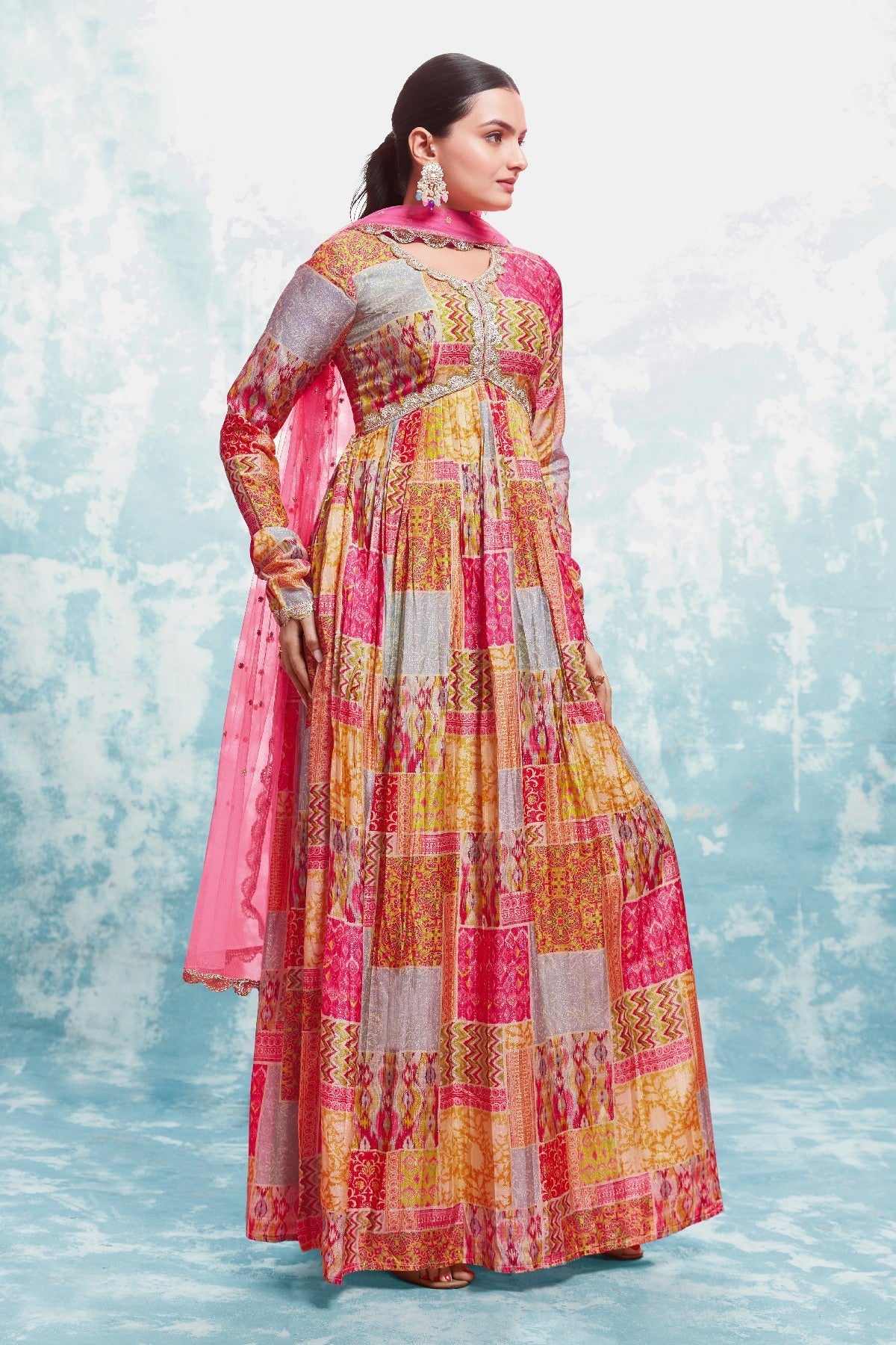 Stylish Digital Printed Cotton Gown With Net Dupatta - ETHNICDEAL
