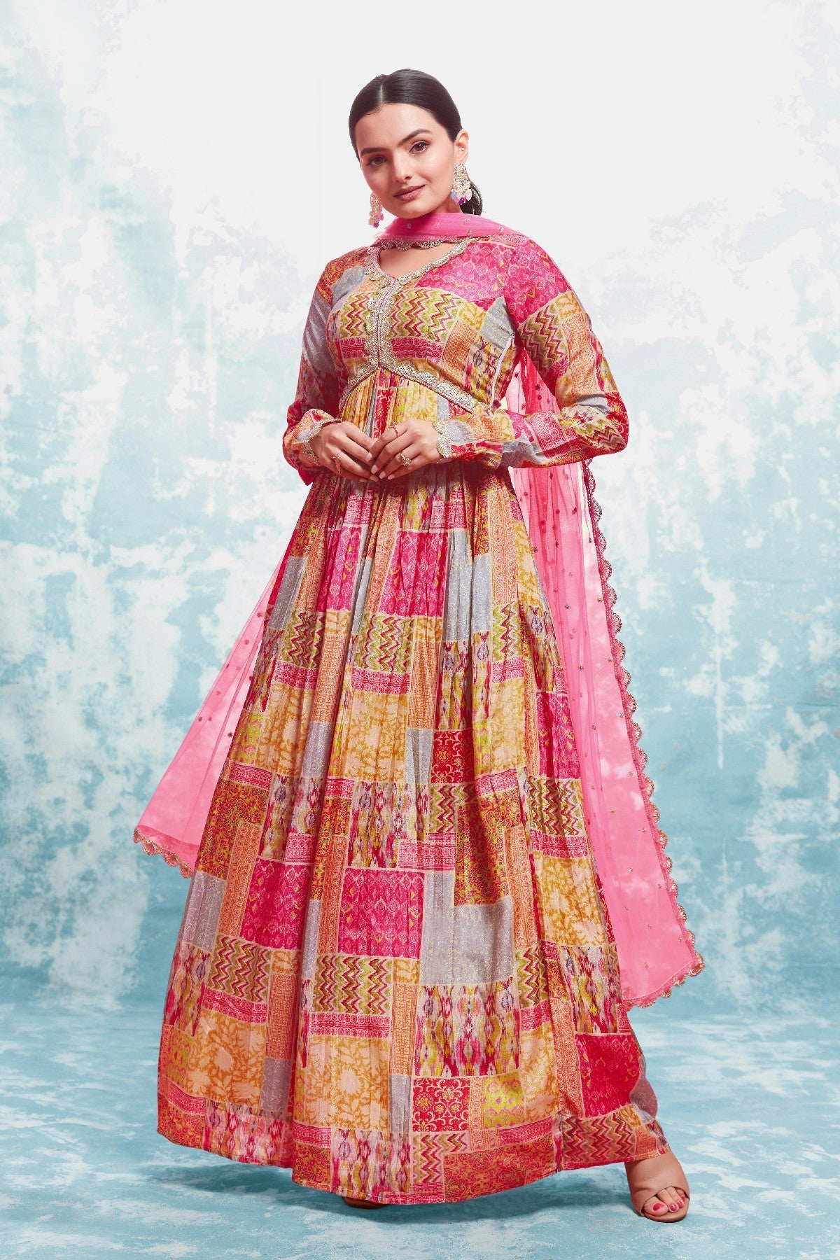Stylish Digital Printed Cotton Gown With Net Dupatta - ETHNICDEAL