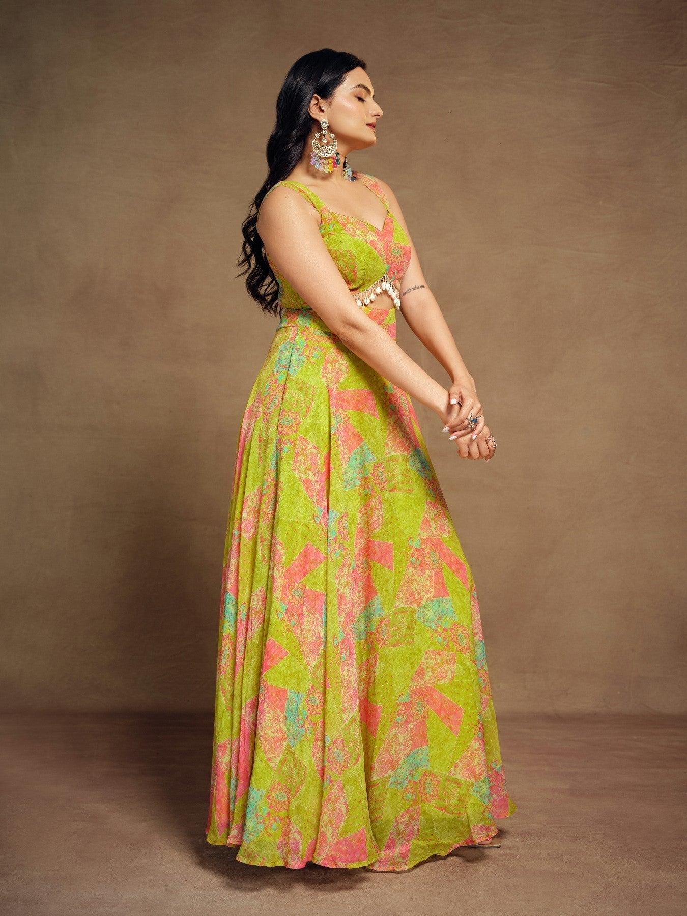Stylish Parrot Green Floral Digital Printed Fully Stitched Gown - ETHNICDEAL