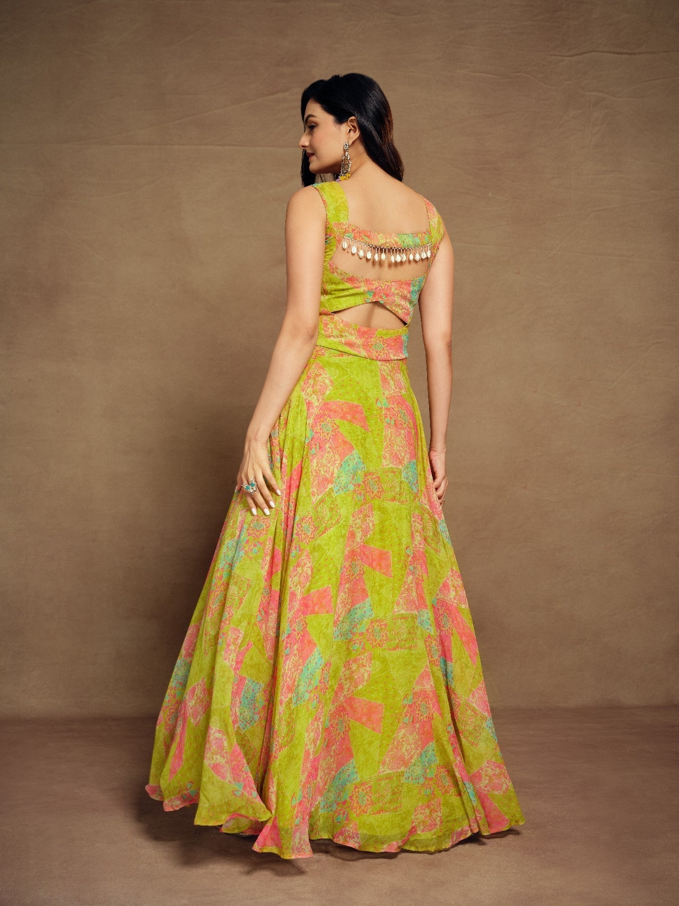 Stylish Parrot Green Floral Digital Printed Fully Stitched Gown - ETHNICDEAL
