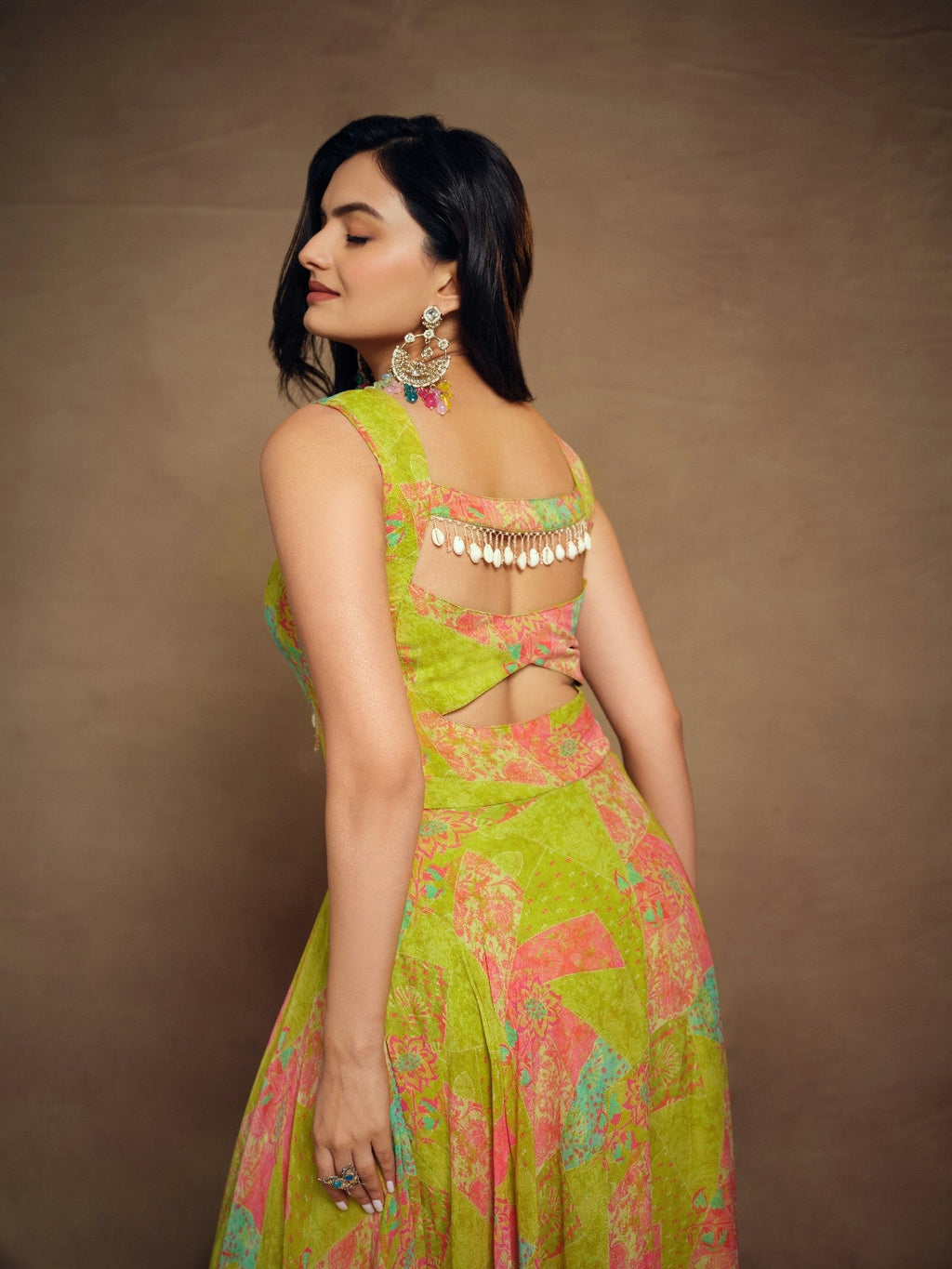 Stylish Parrot Green Floral Digital Printed Fully Stitched Gown - ETHNICDEAL