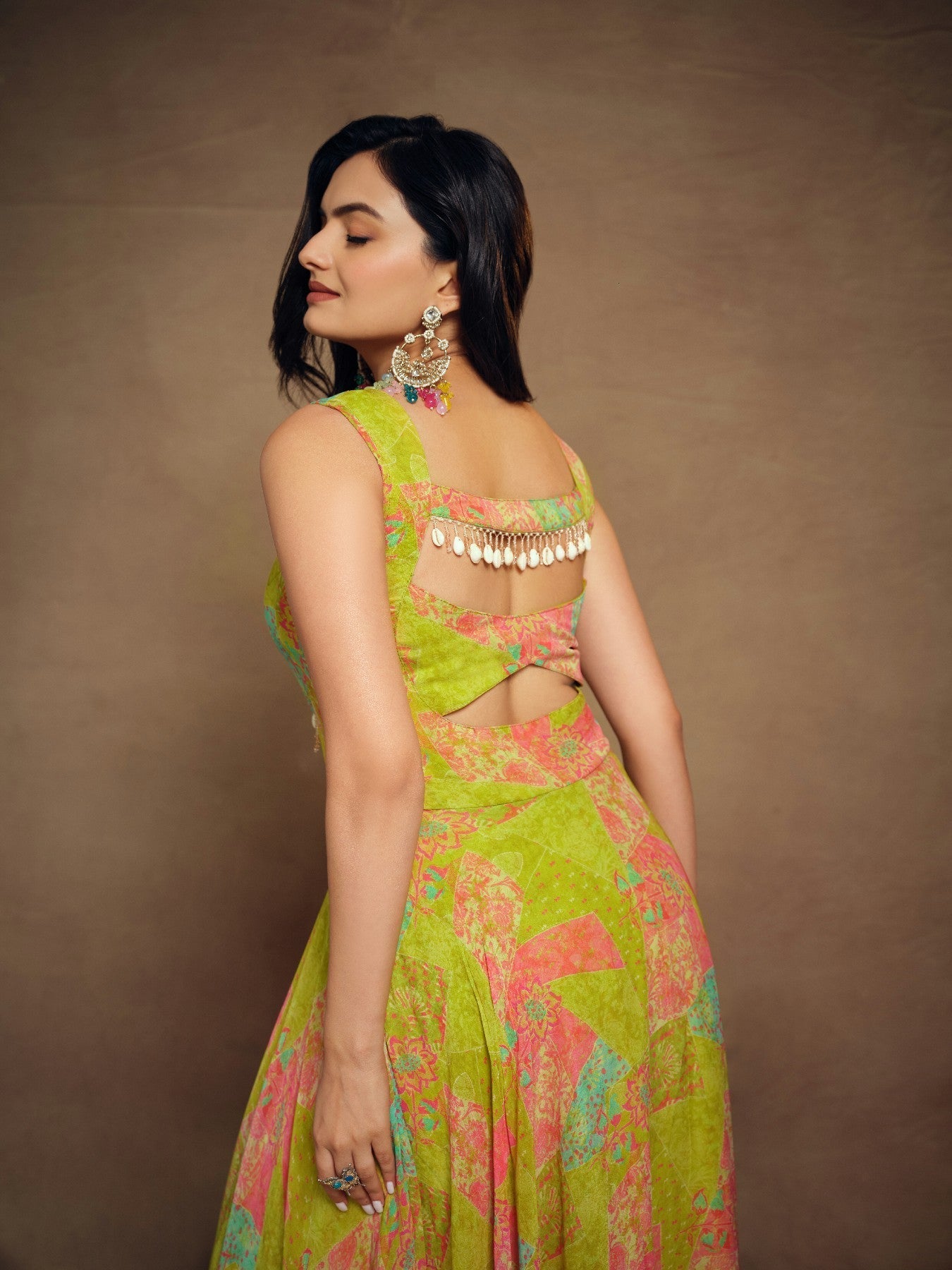 Stylish Parrot Green Floral Digital Printed Fully Stitched Gown - ETHNICDEAL