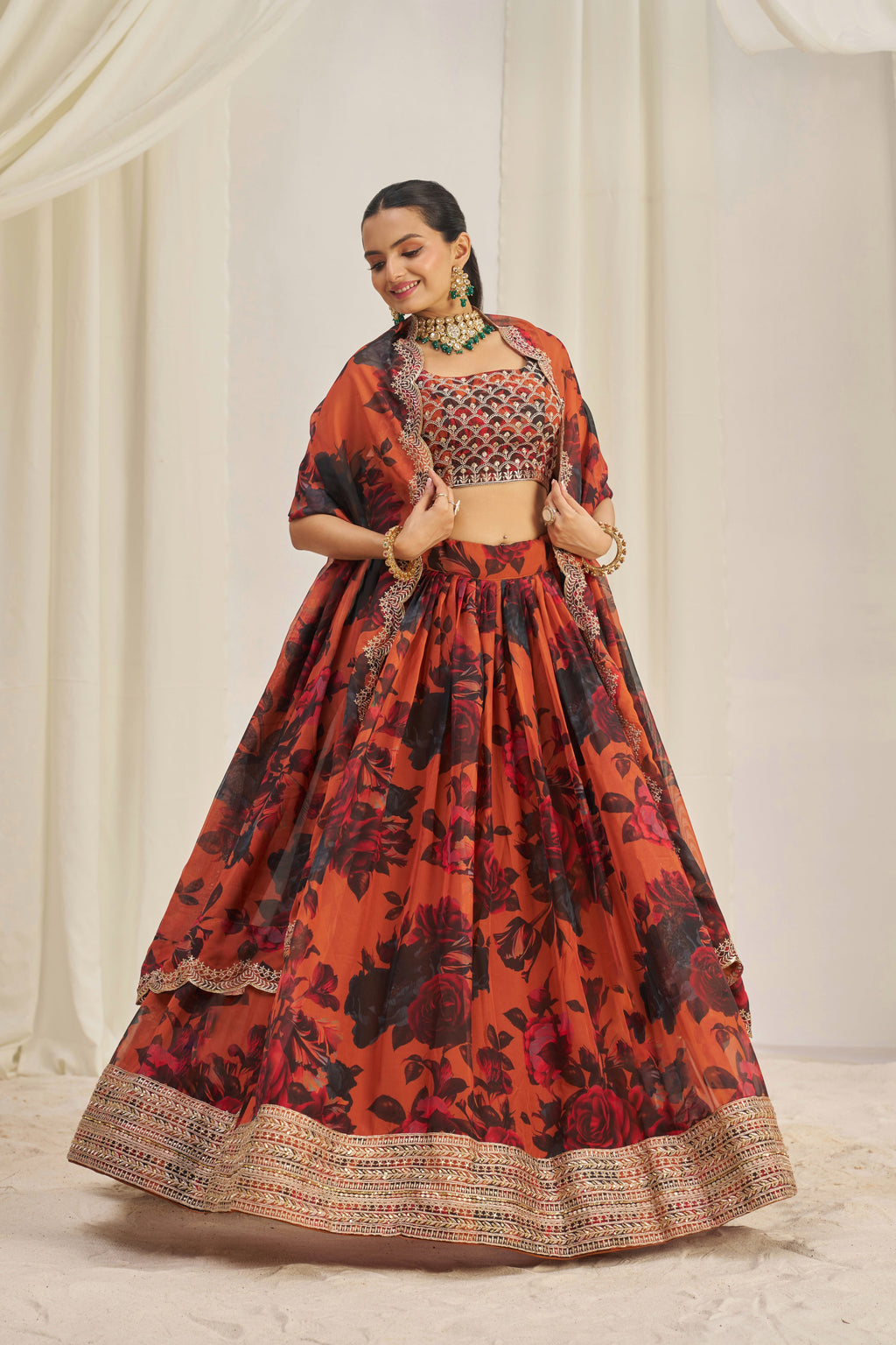 Stunning Floral Printed Sequins Embroidered Organza Lehenga Set - ETHNICDEAL
