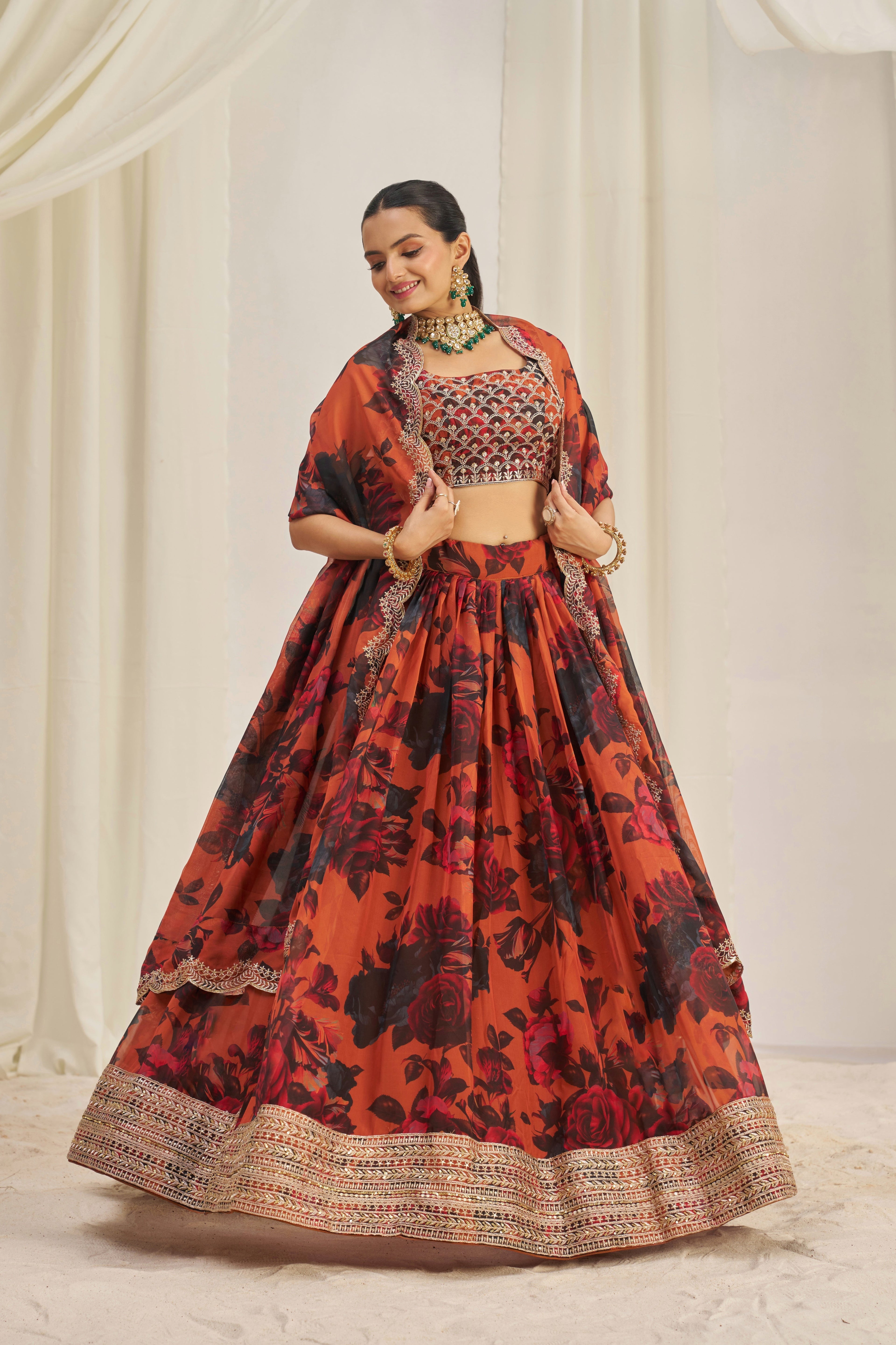 Stunning Floral Printed Sequins Embroidered Organza Lehenga Set - ETHNICDEAL