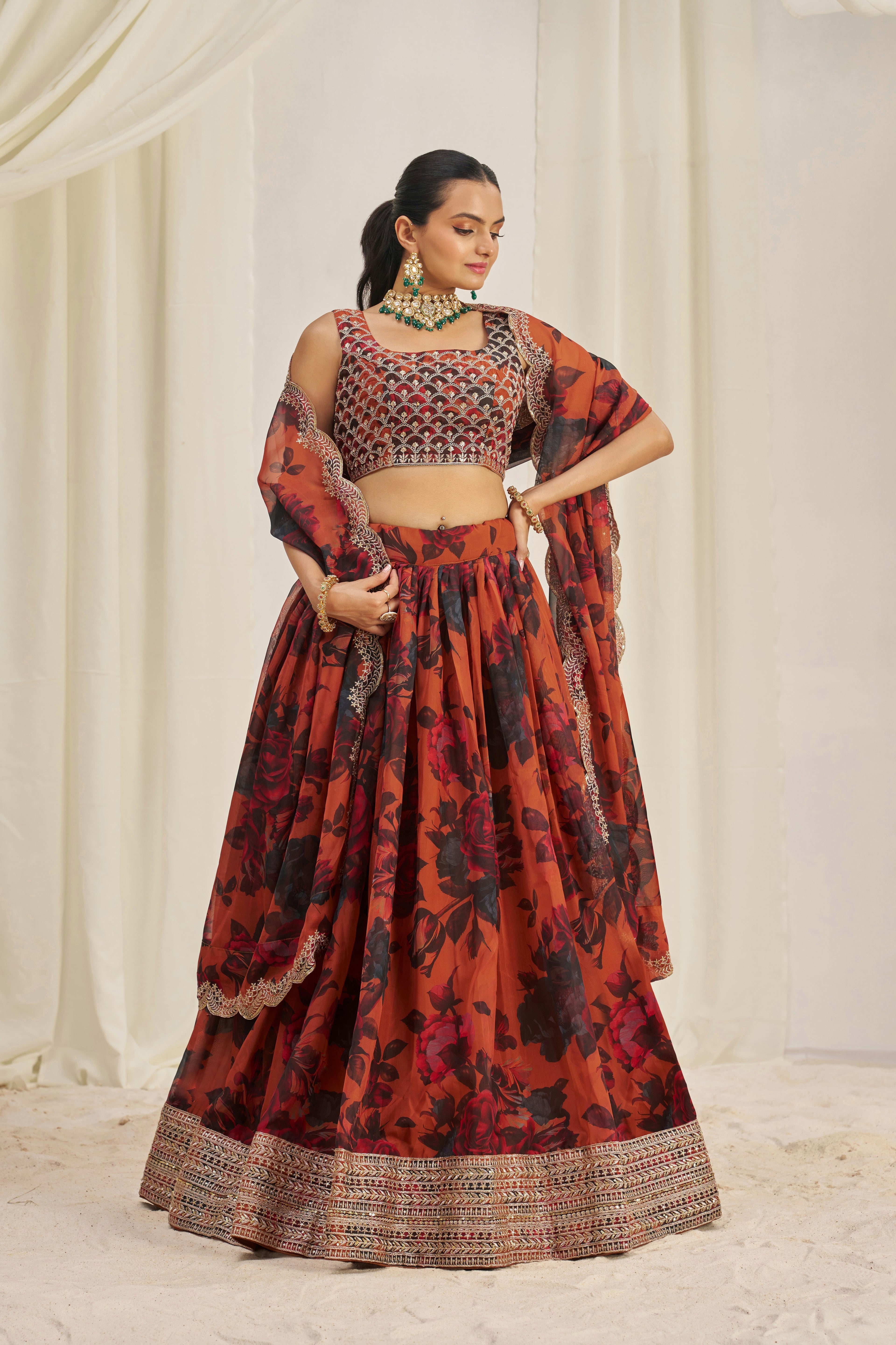 Stunning Floral Printed Sequins Embroidered Organza Lehenga Set - ETHNICDEAL