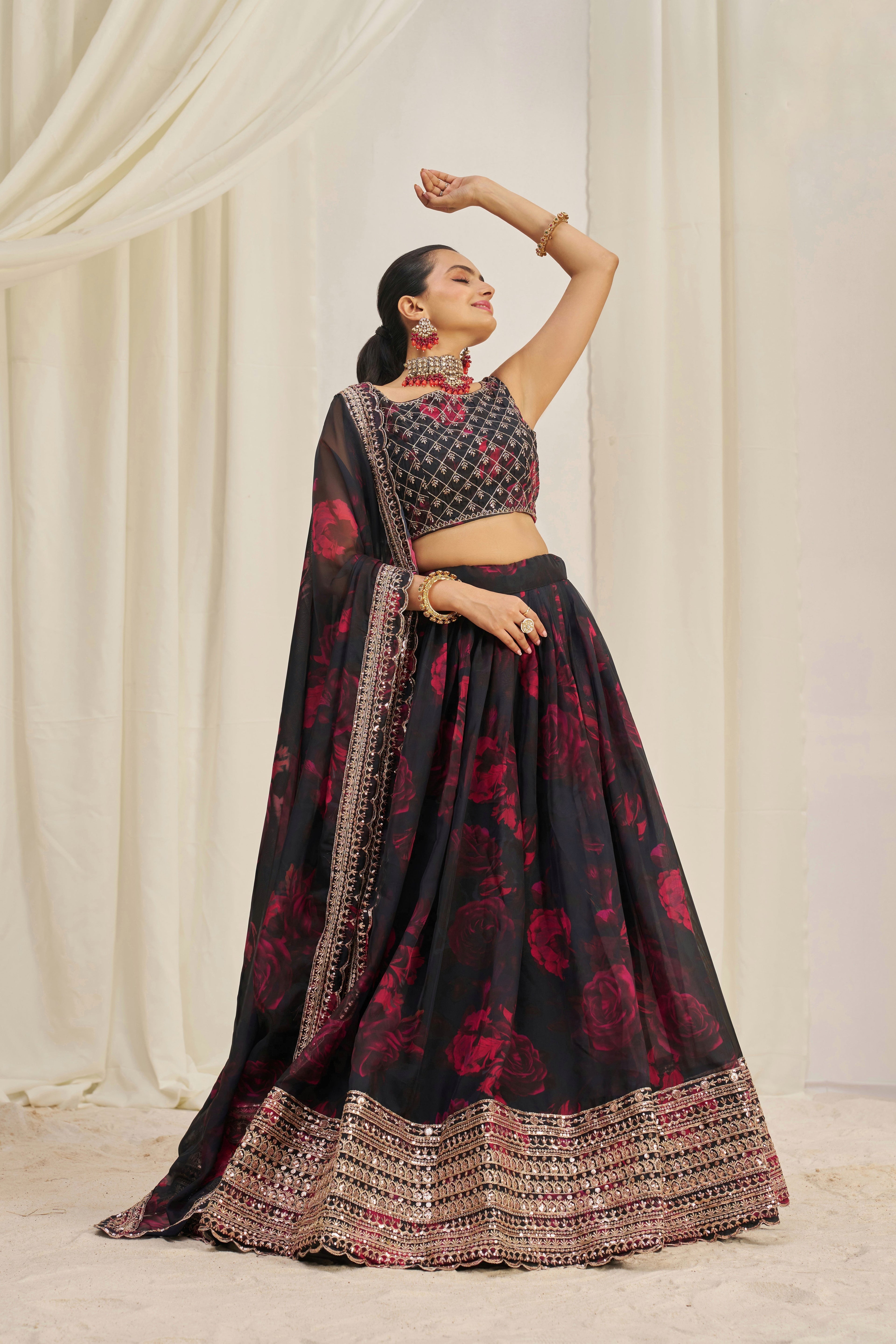 Stunning Floral Printed Sequins Embroidered Organza Lehenga Set - ETHNICDEAL