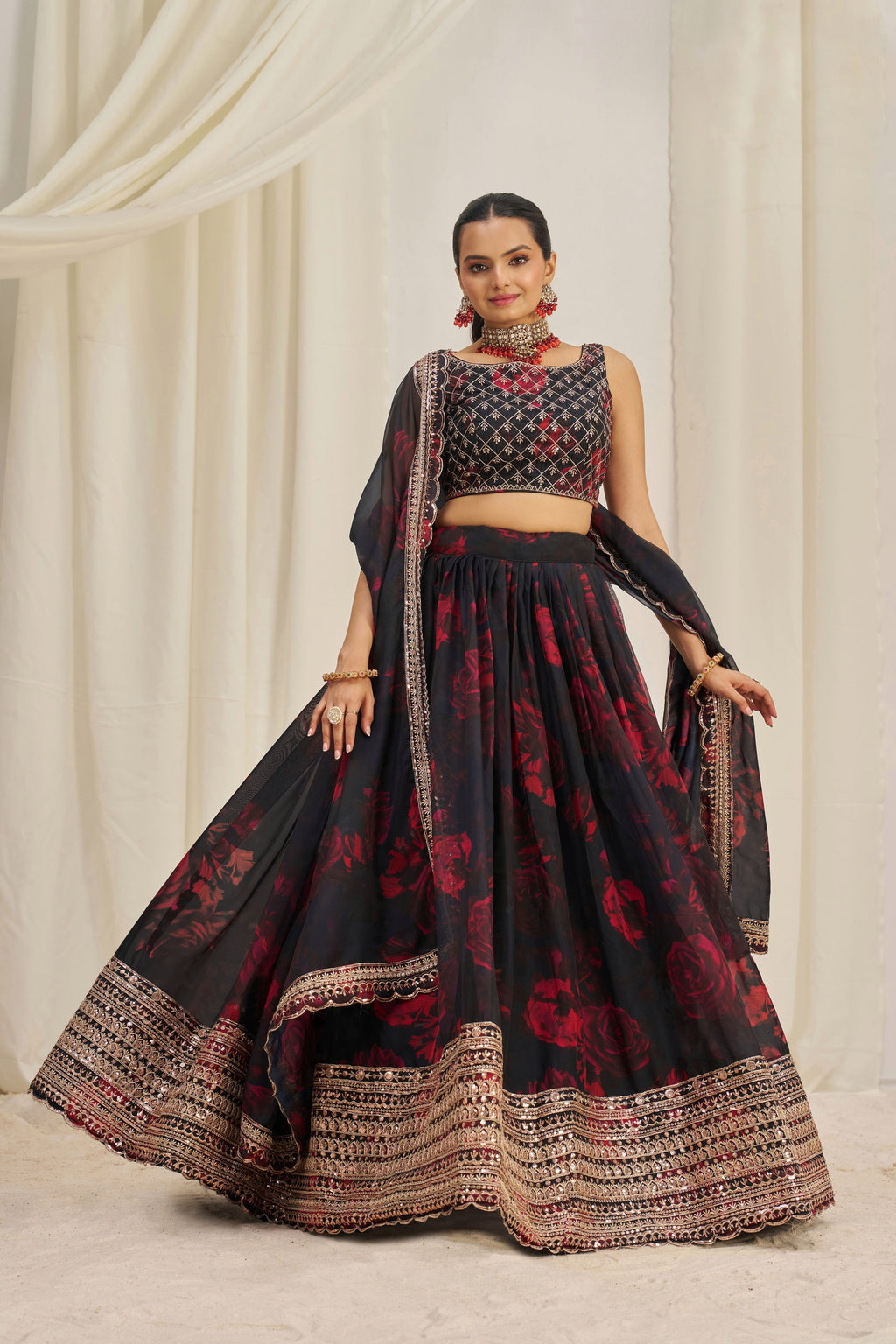 Stunning Floral Printed Sequins Embroidered Organza Lehenga Set - ETHNICDEAL