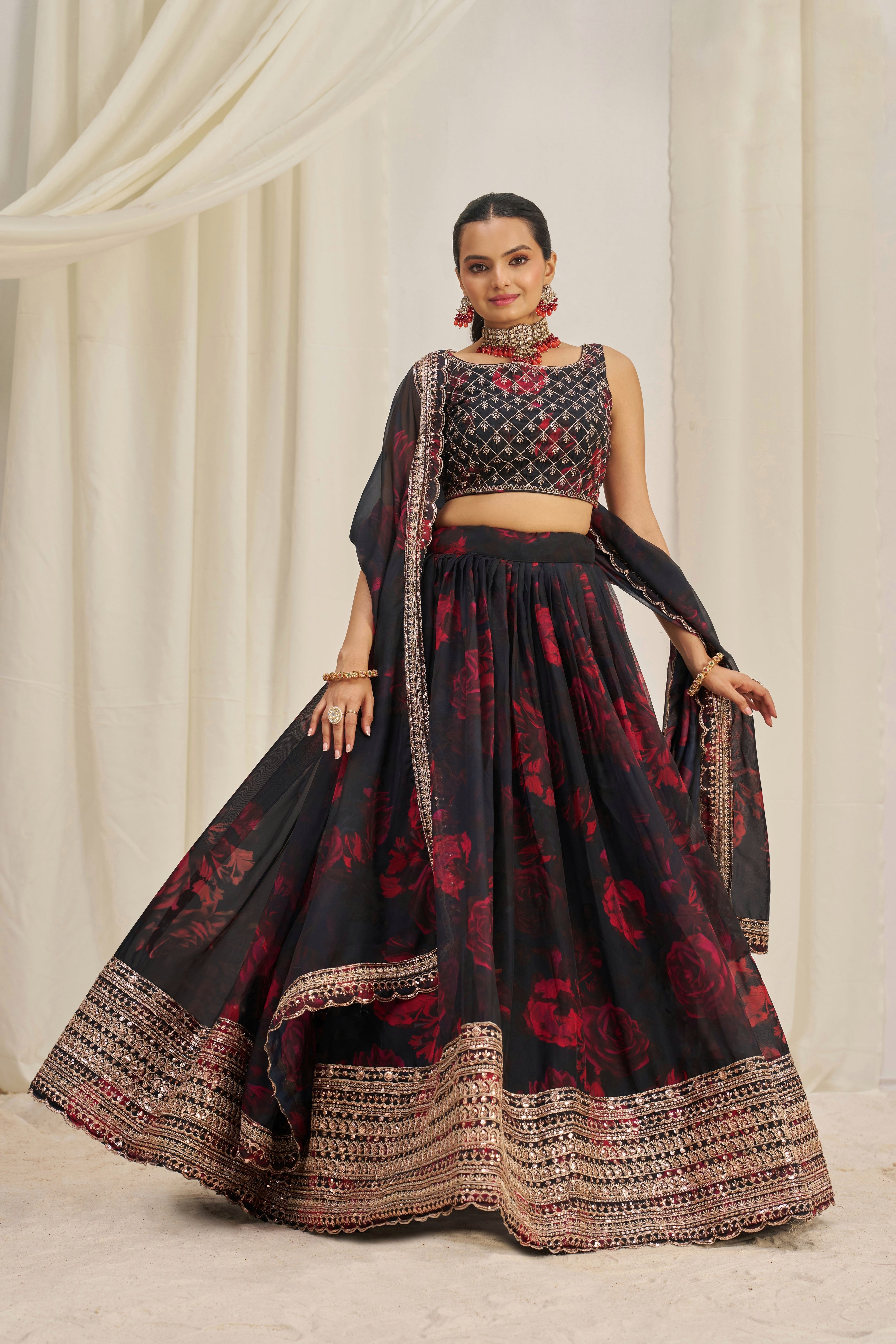 Stunning Floral Printed Sequins Embroidered Organza Lehenga Set - ETHNICDEAL