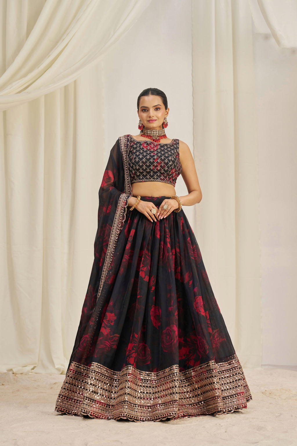 Stunning Floral Printed Sequins Embroidered Organza Lehenga Set - ETHNICDEAL
