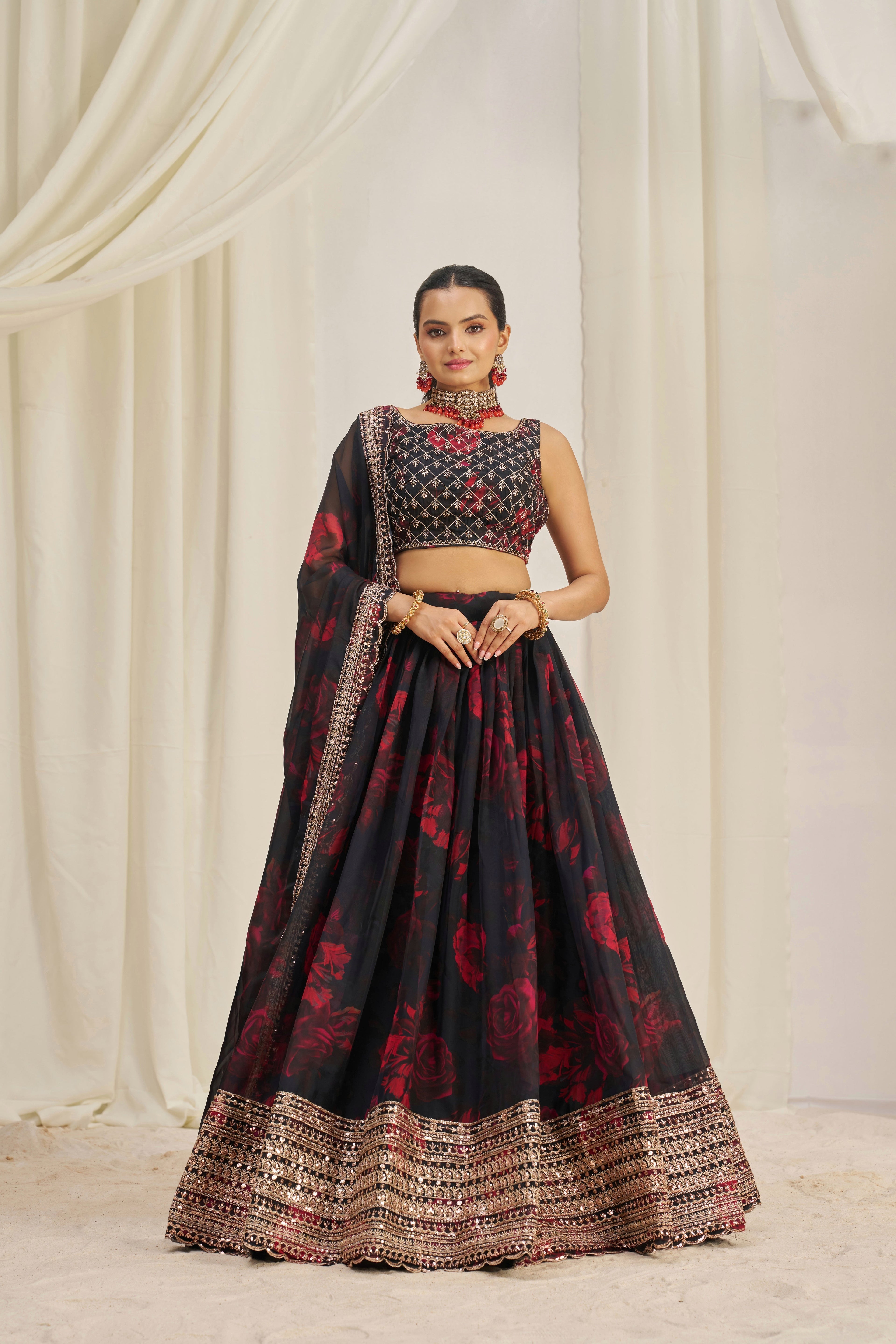 Stunning Floral Printed Sequins Embroidered Organza Lehenga Set - ETHNICDEAL