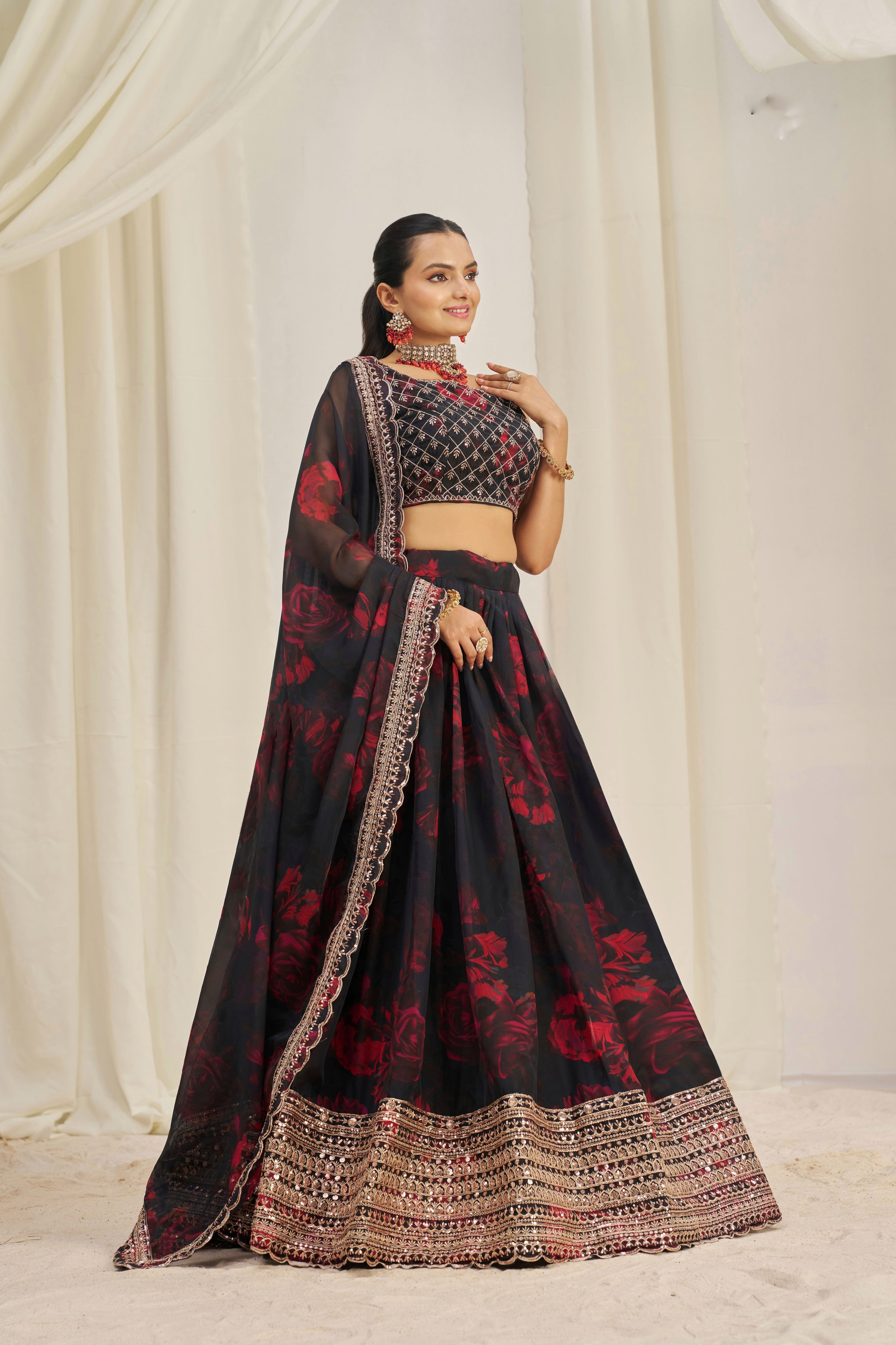 Stunning Floral Printed Sequins Embroidered Organza Lehenga Set - ETHNICDEAL