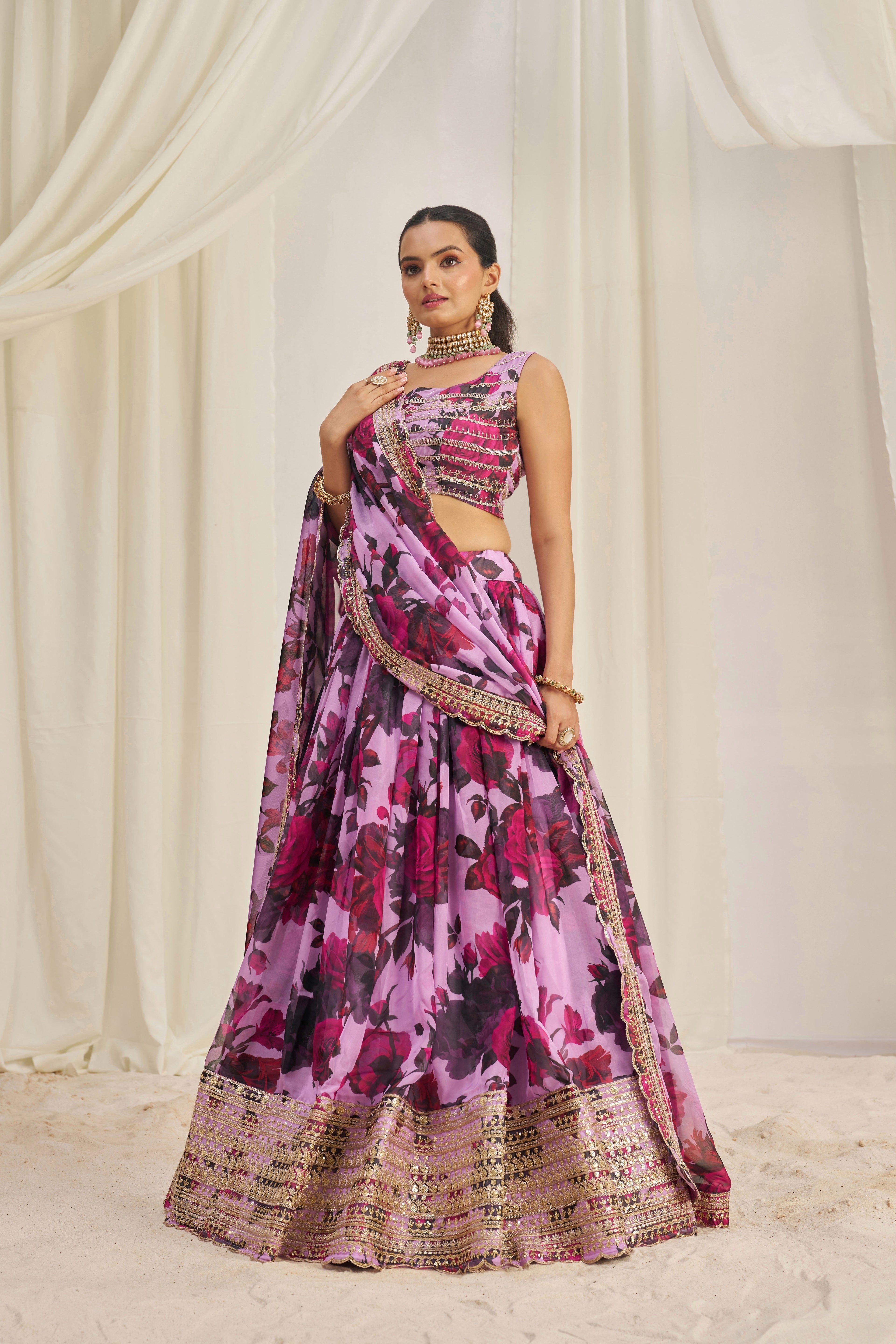 Stunning Floral Printed Sequins Embroidered Organza Lehenga Set - ETHNICDEAL