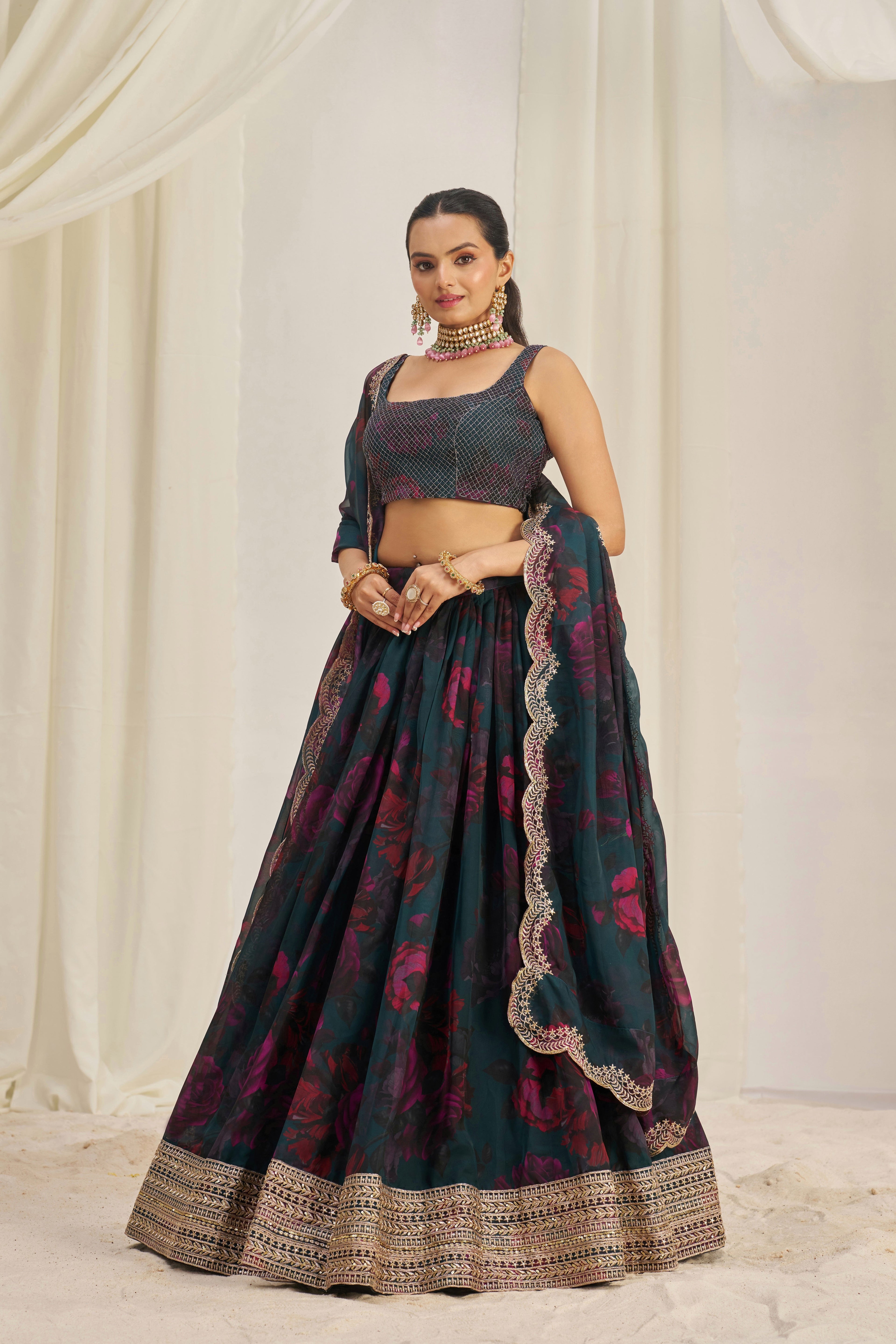 Stunning Floral Printed Sequins Embroidered Organza Lehenga Set - ETHNICDEAL