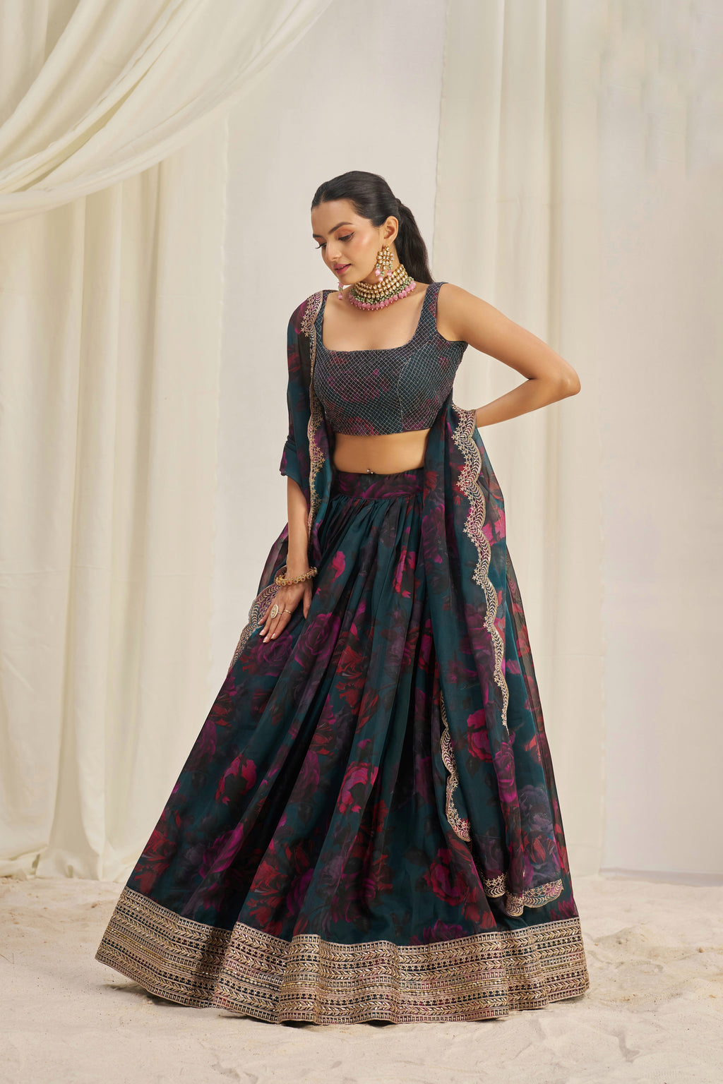 Stunning Floral Printed Sequins Embroidered Organza Lehenga Set - ETHNICDEAL