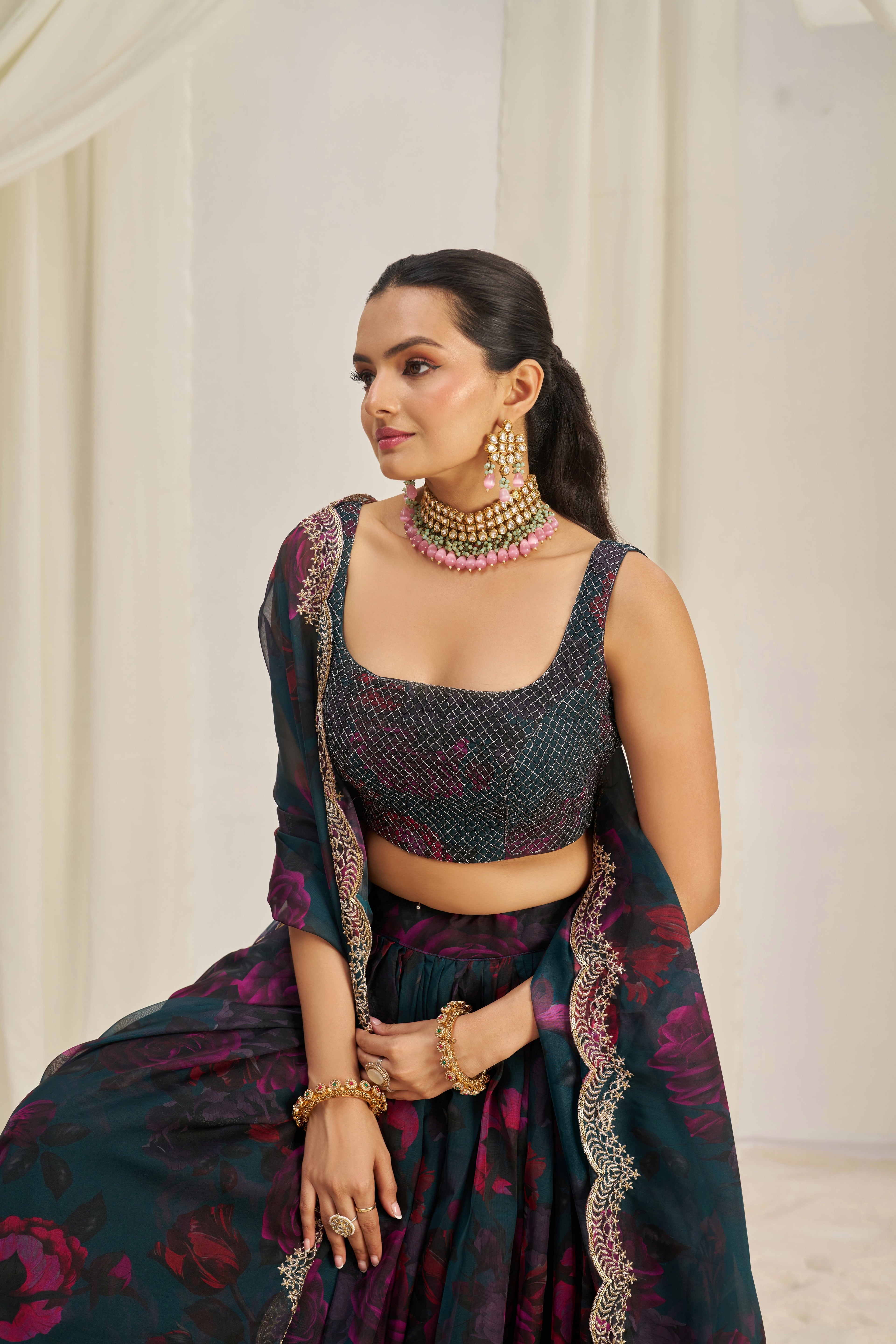 Stunning Floral Printed Sequins Embroidered Organza Lehenga Set - ETHNICDEAL