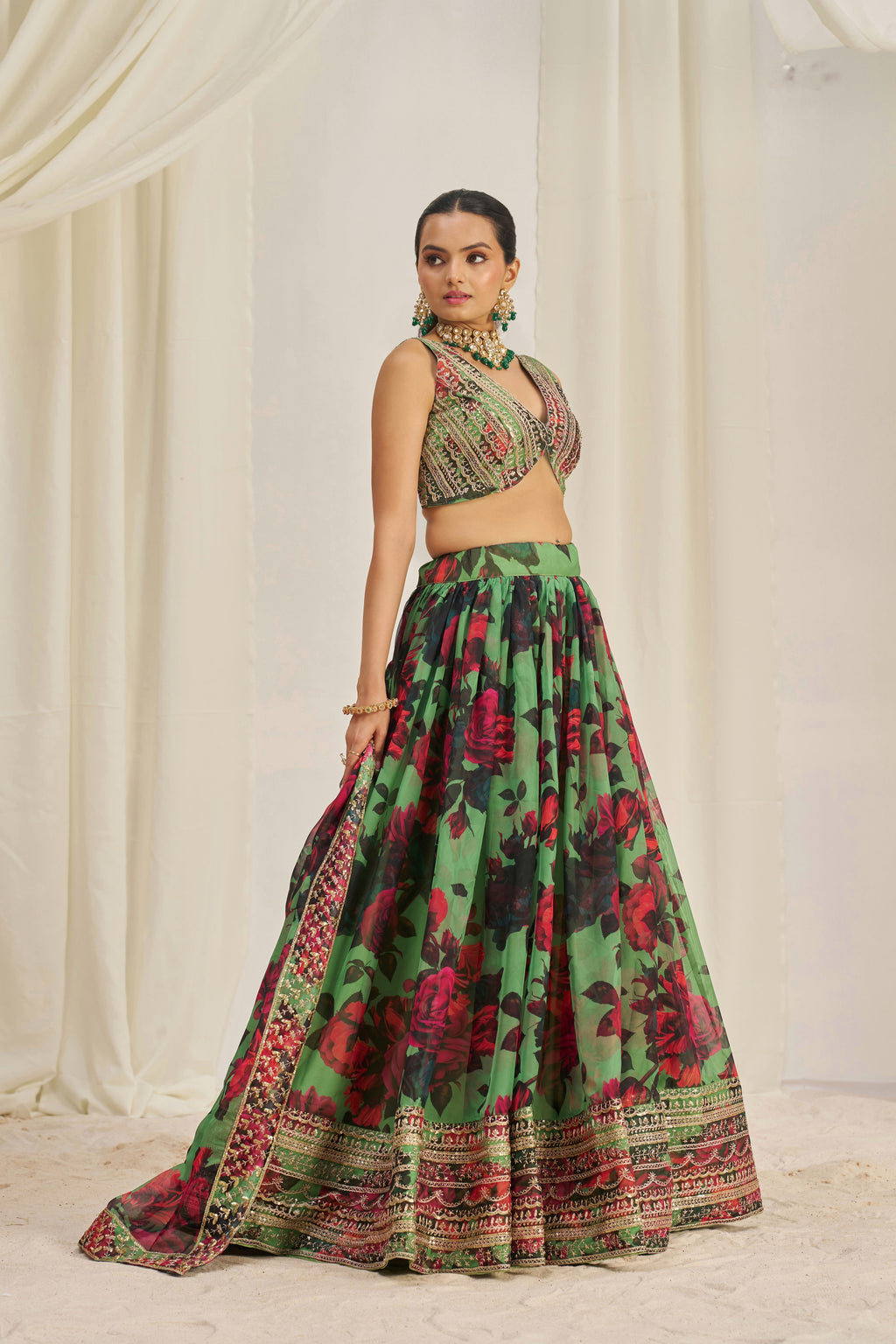 Stunning Floral Printed Sequins Embroidered Organza Lehenga Set - ETHNICDEAL