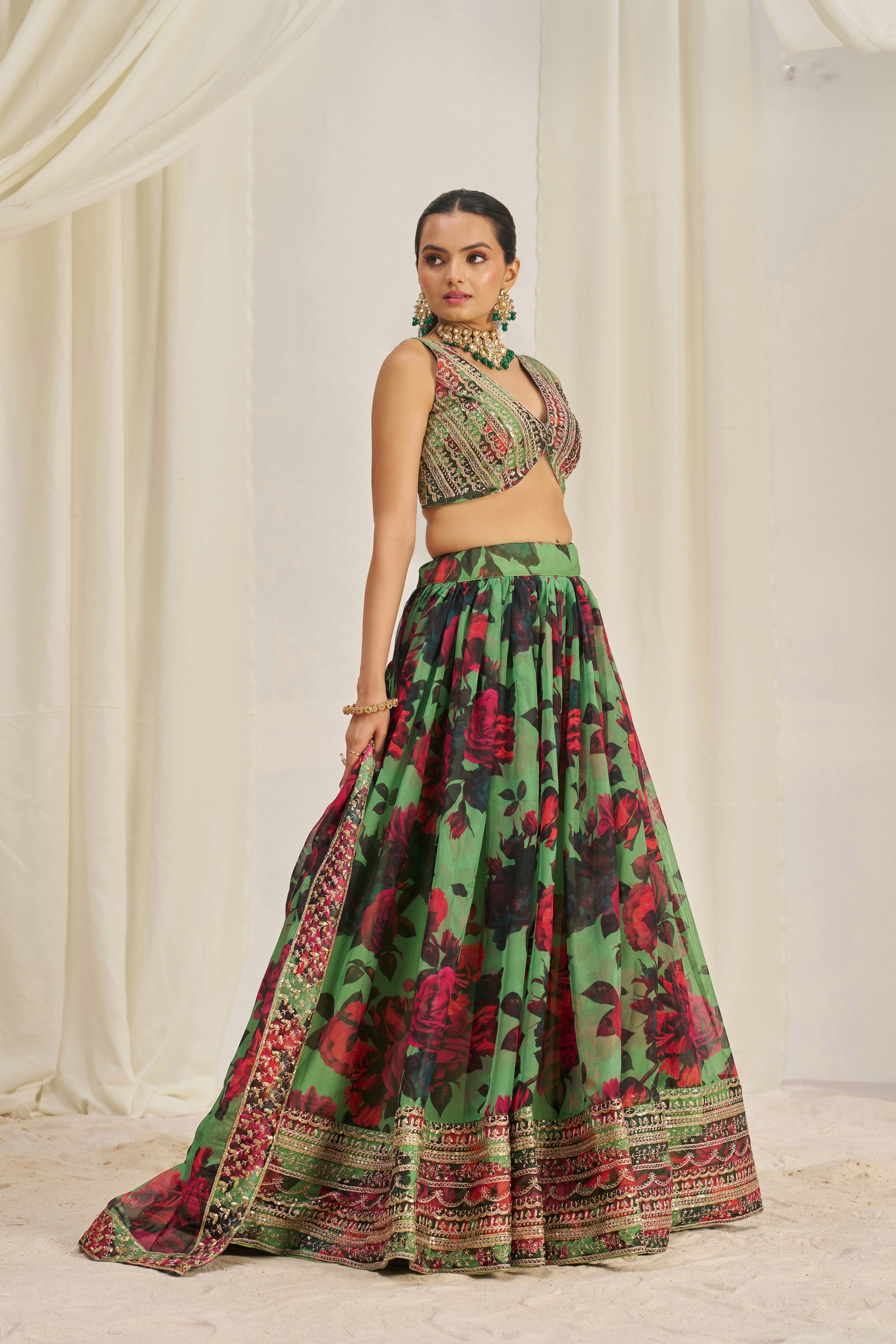 Stunning Floral Printed Sequins Embroidered Organza Lehenga Set - ETHNICDEAL