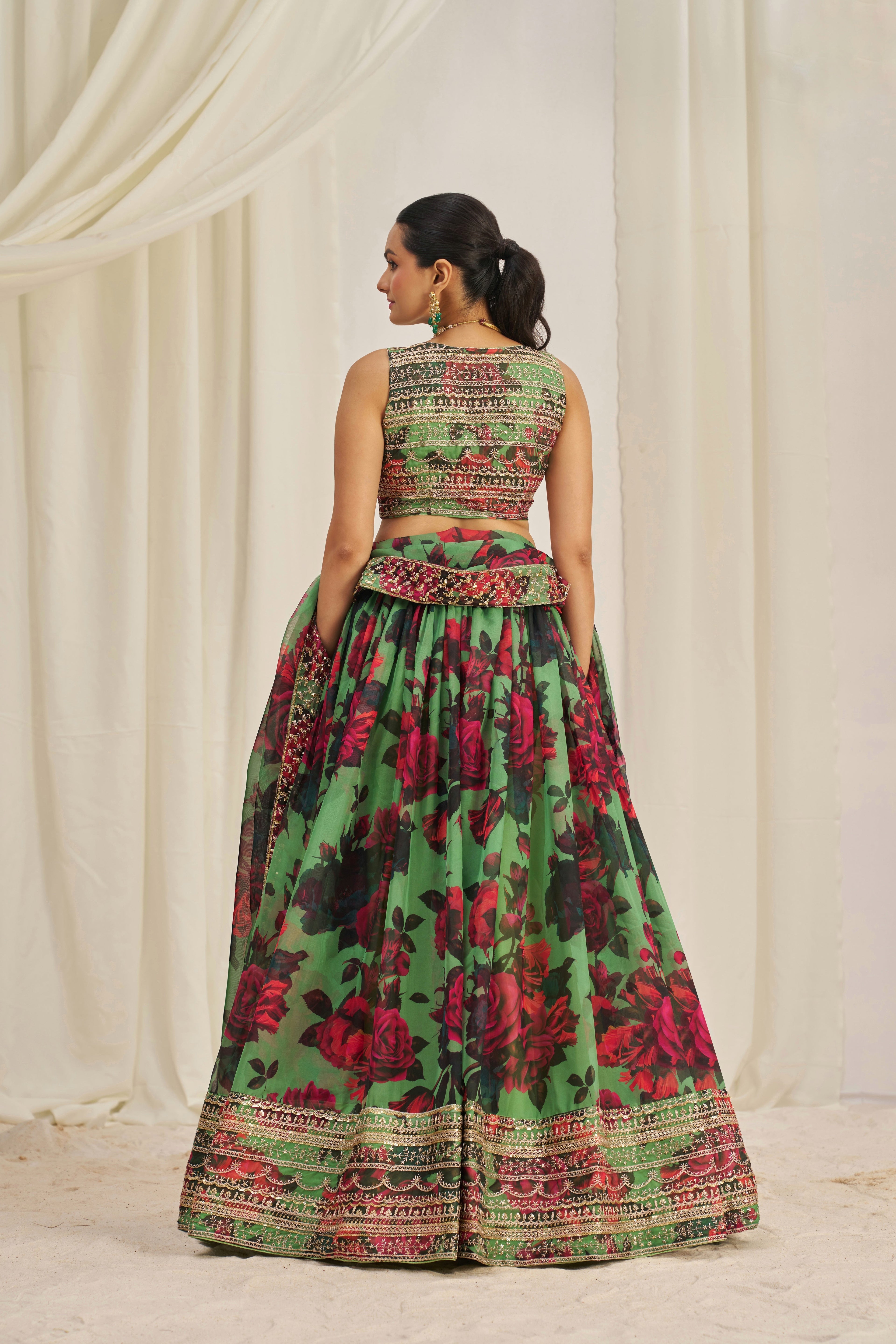 Stunning Floral Printed Sequins Embroidered Organza Lehenga Set - ETHNICDEAL