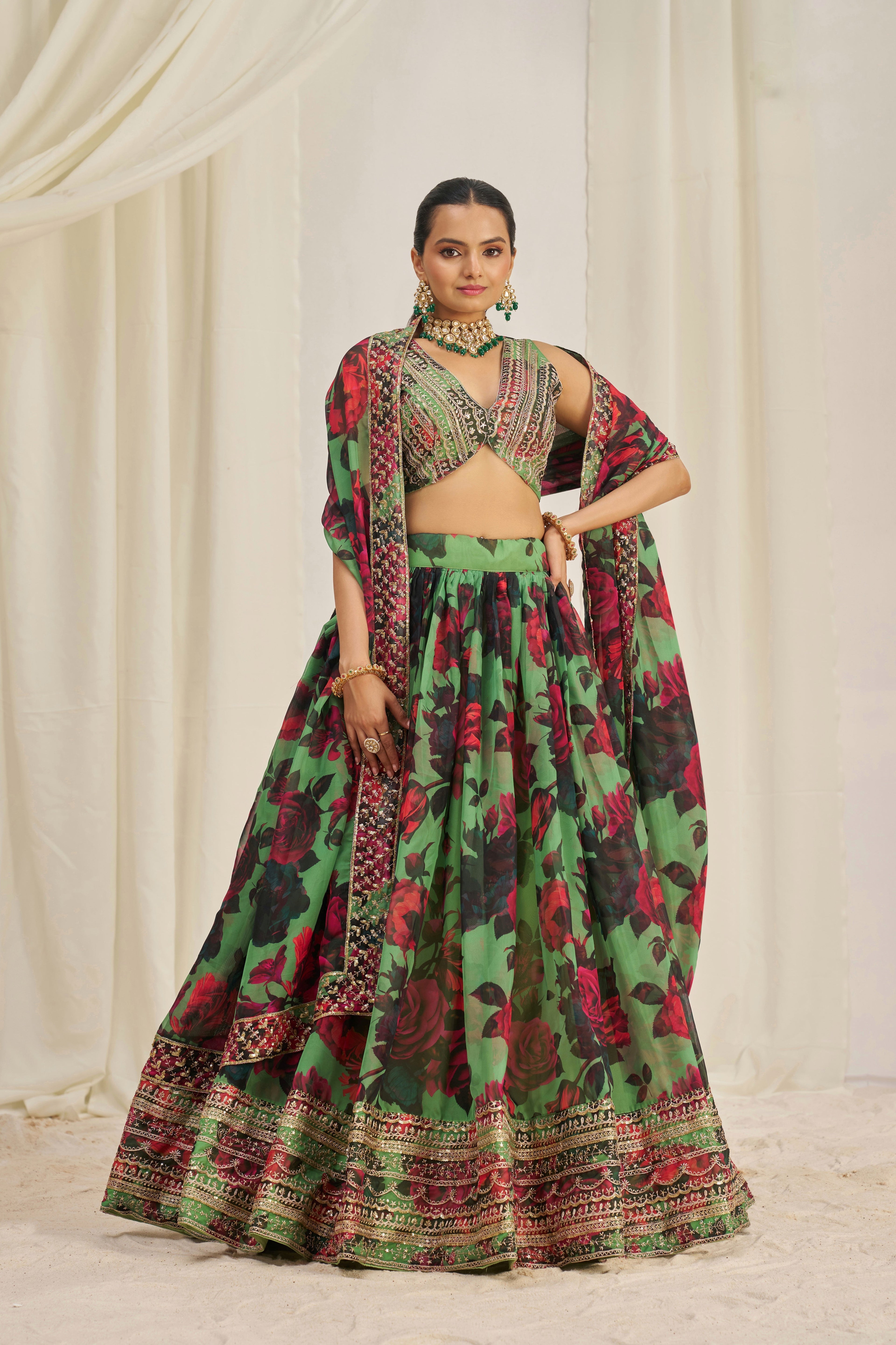 Stunning Floral Printed Sequins Embroidered Organza Lehenga Set - ETHNICDEAL