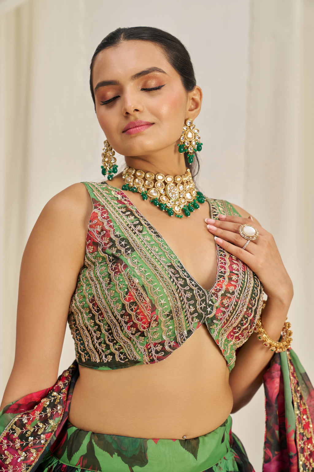 Stunning Floral Printed Sequins Embroidered Organza Lehenga Set - ETHNICDEAL