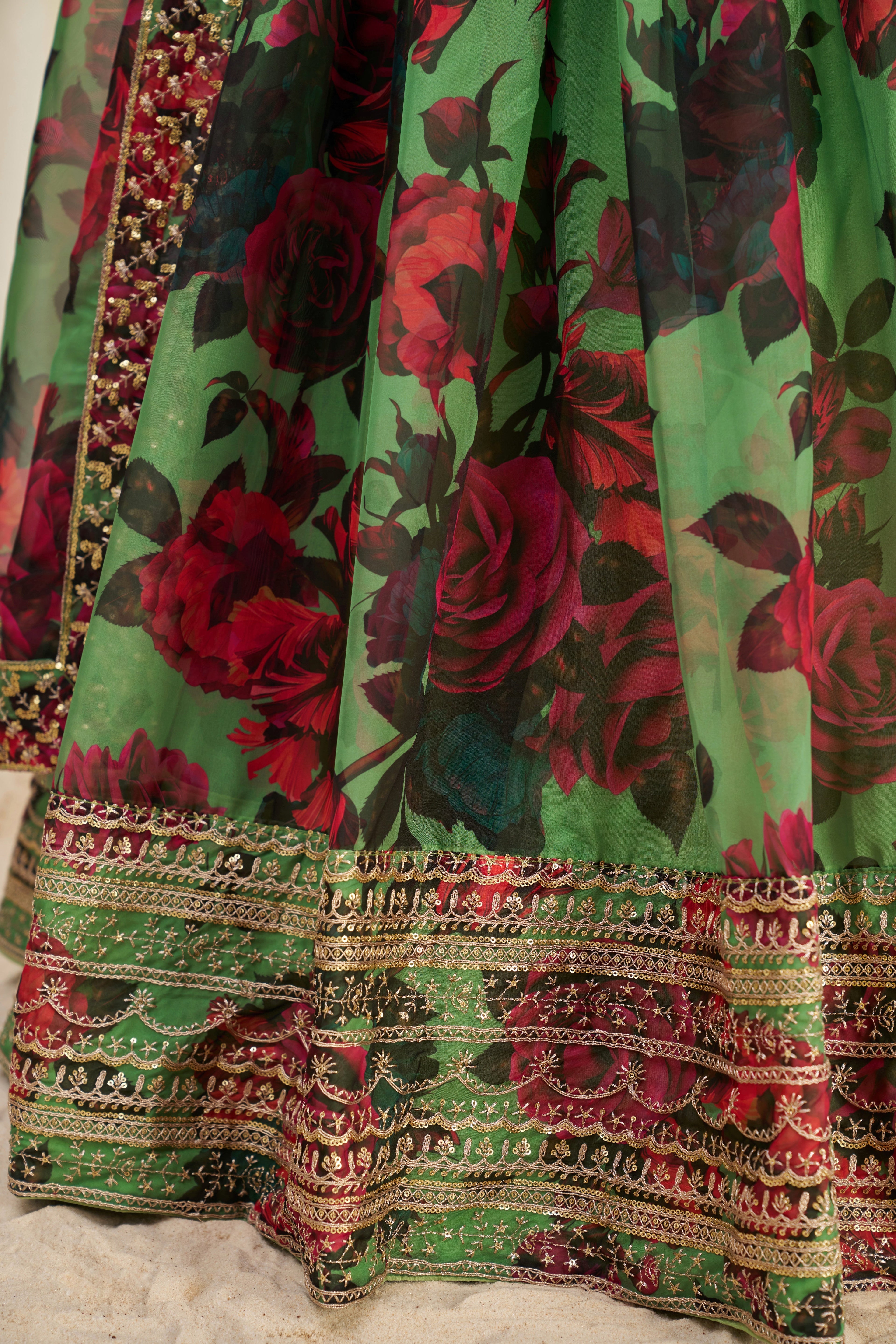 Stunning Floral Printed Sequins Embroidered Organza Lehenga Set - ETHNICDEAL