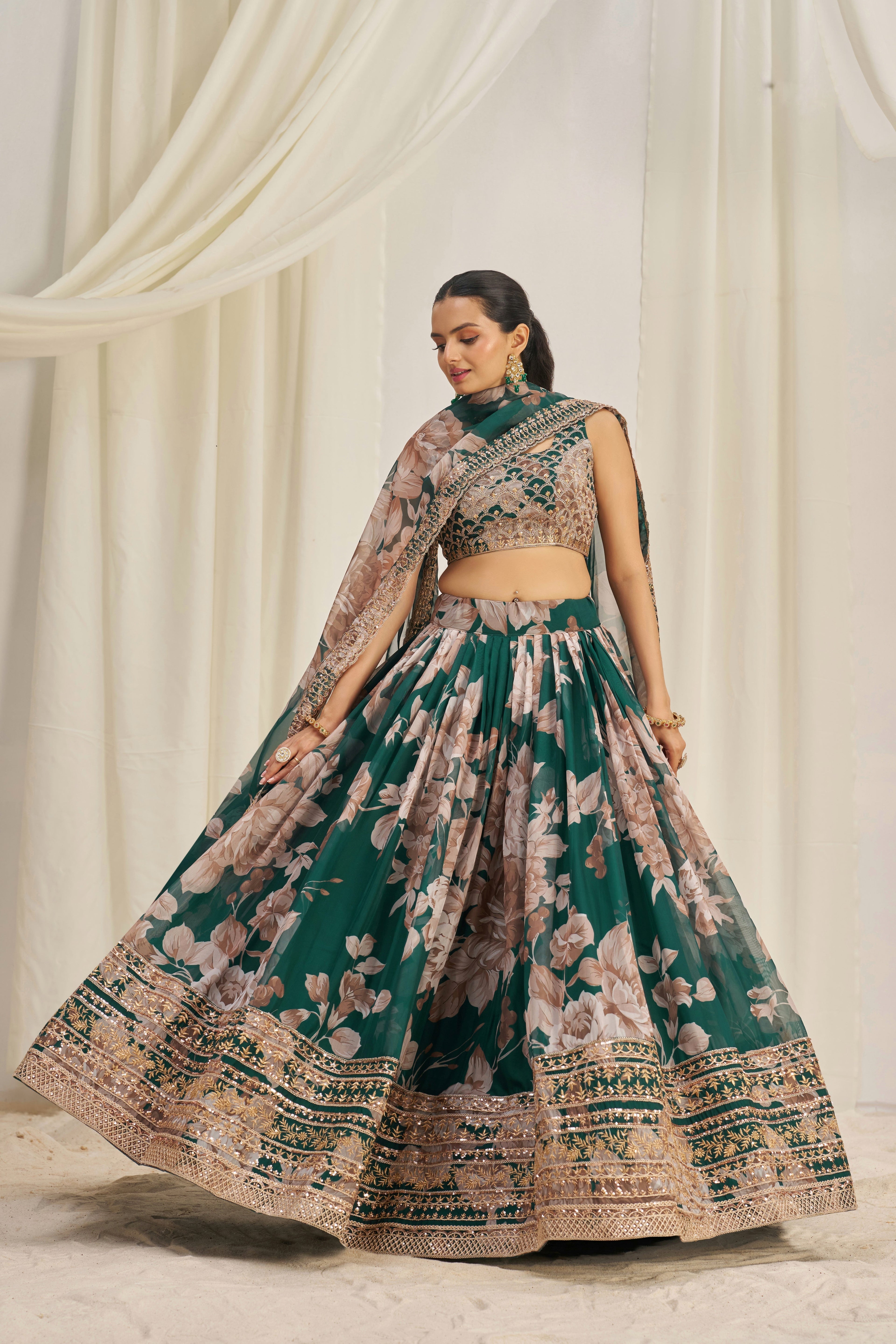 Stunning Floral Printed Sequins Embroidered Organza Lehenga Set - ETHNICDEAL