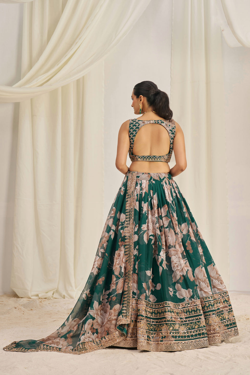 Stunning Floral Printed Sequins Embroidered Organza Lehenga Set - ETHNICDEAL