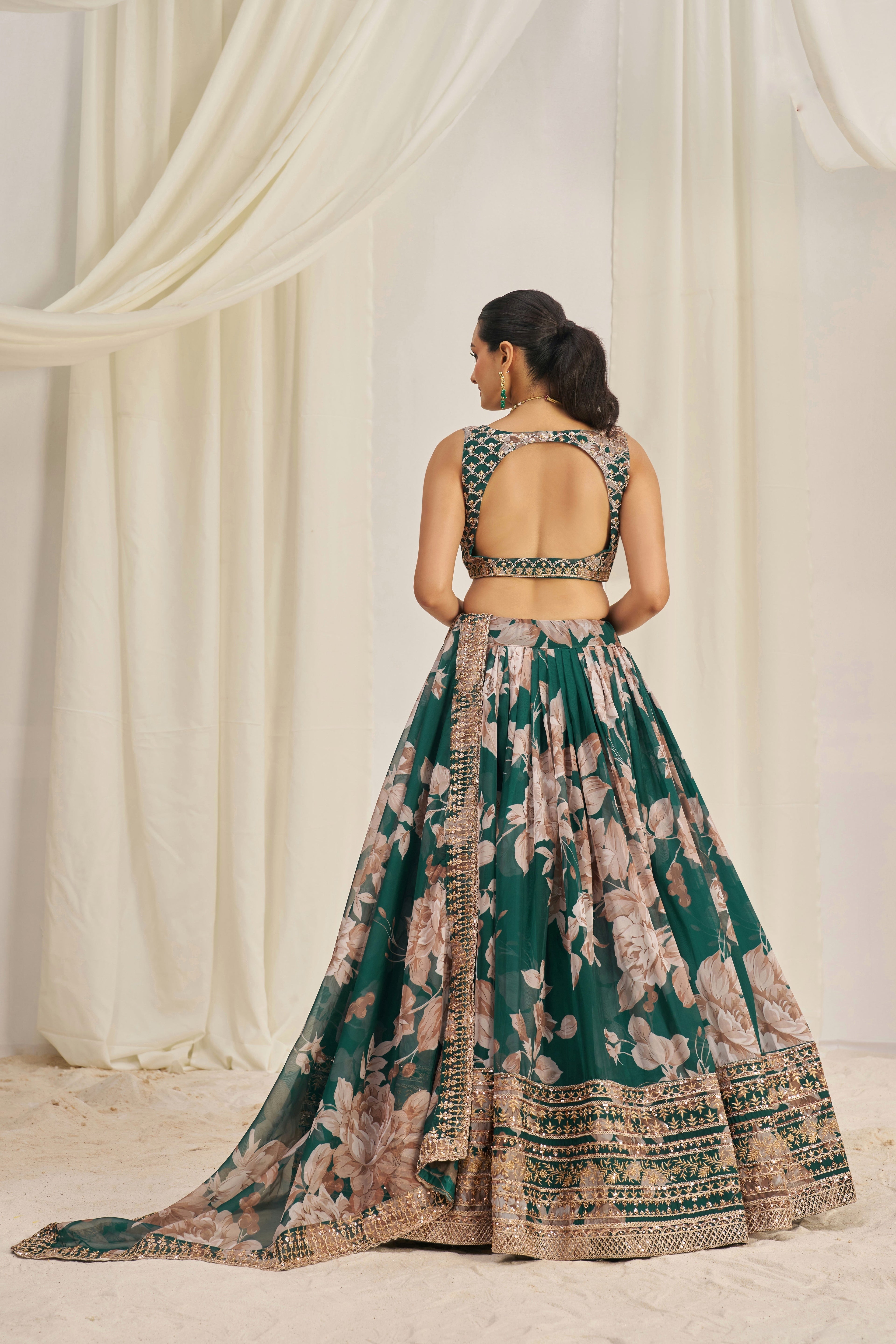 Stunning Floral Printed Sequins Embroidered Organza Lehenga Set - ETHNICDEAL