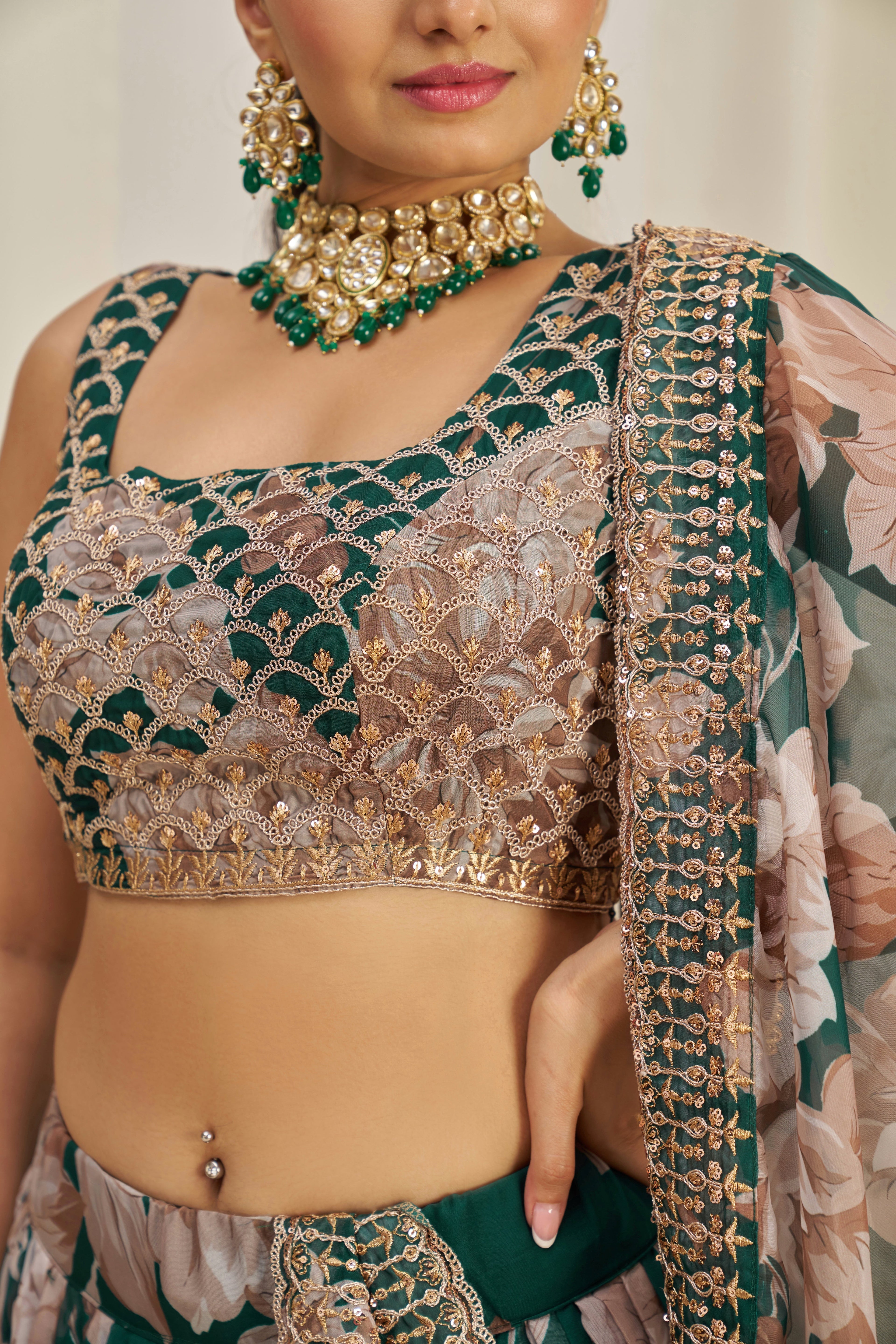 Stunning Floral Printed Sequins Embroidered Organza Lehenga Set - ETHNICDEAL