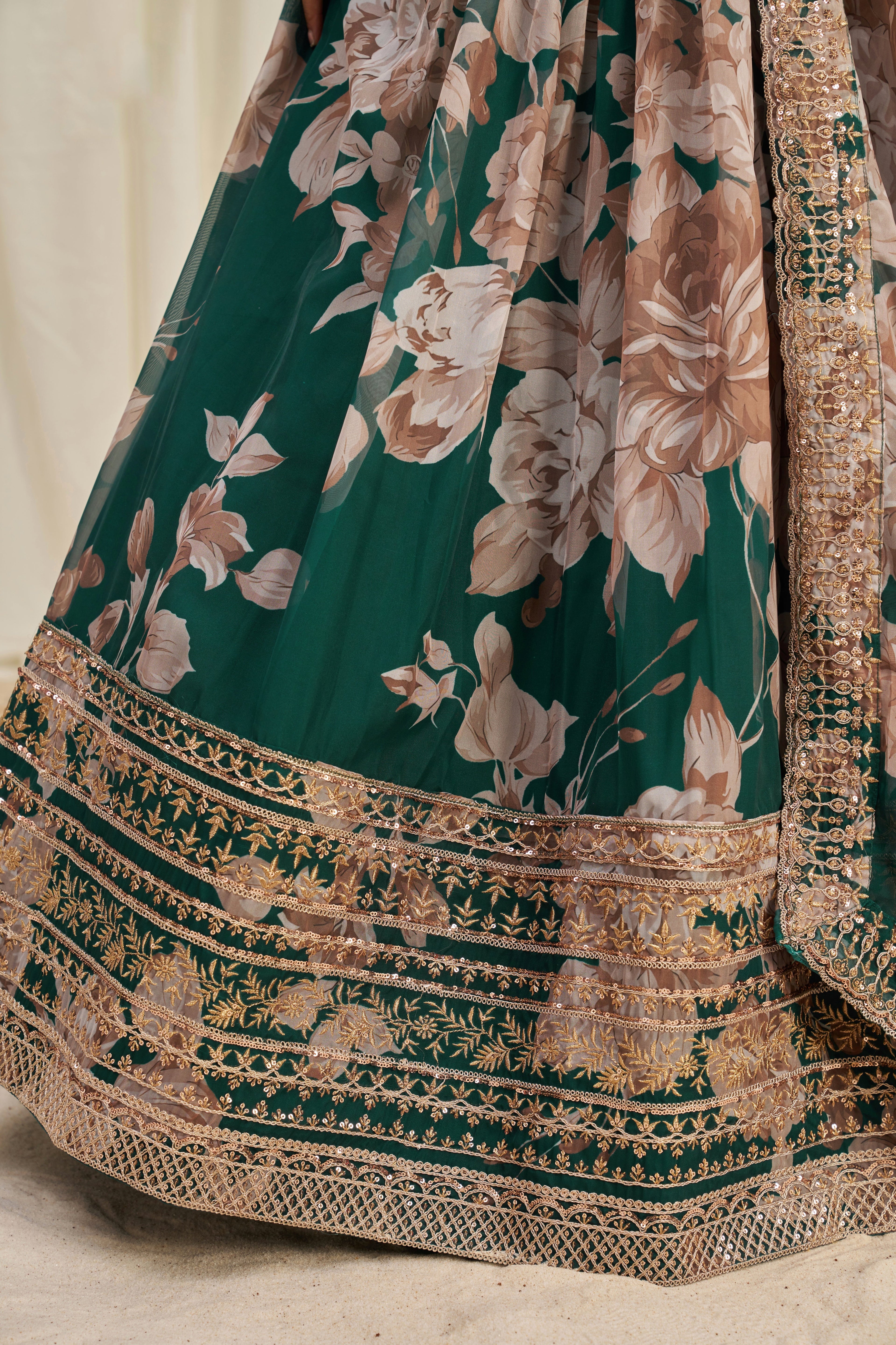 Stunning Floral Printed Sequins Embroidered Organza Lehenga Set - ETHNICDEAL