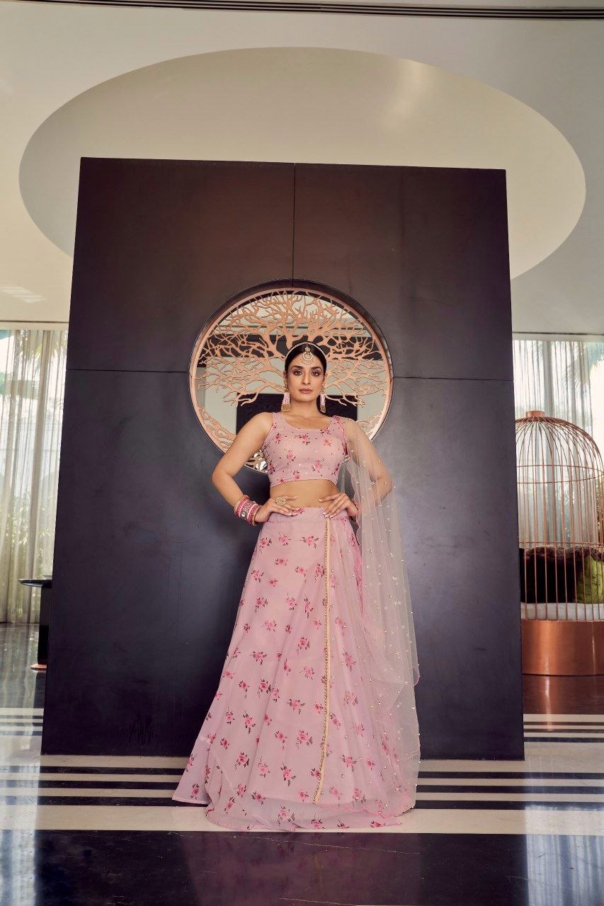 Elegant Peach Georgette Lehenga With Printed Mukesh Work - ETHNICDEAL